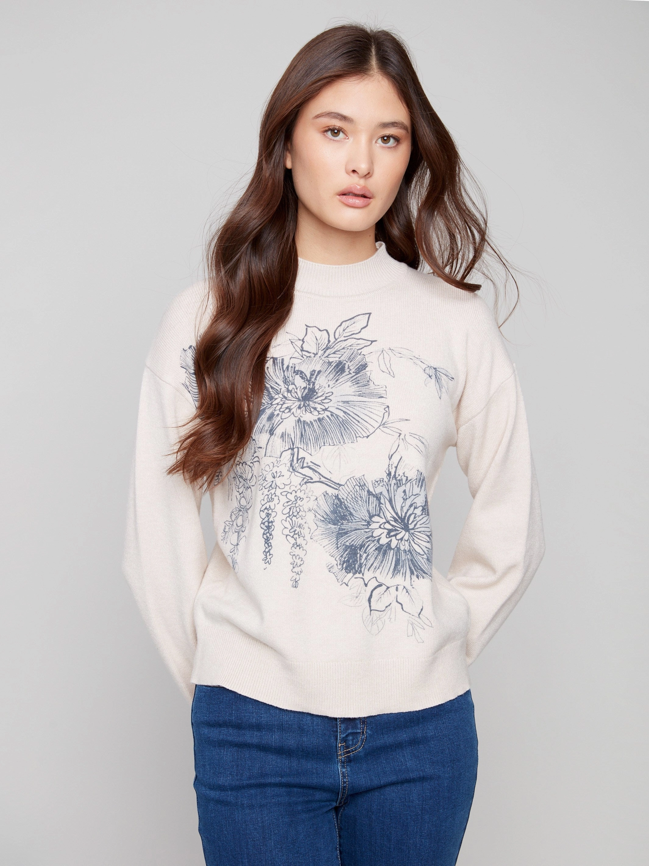 Party - Wear Autumn - wear Printed Mock Neck Sweater - Heather Oat