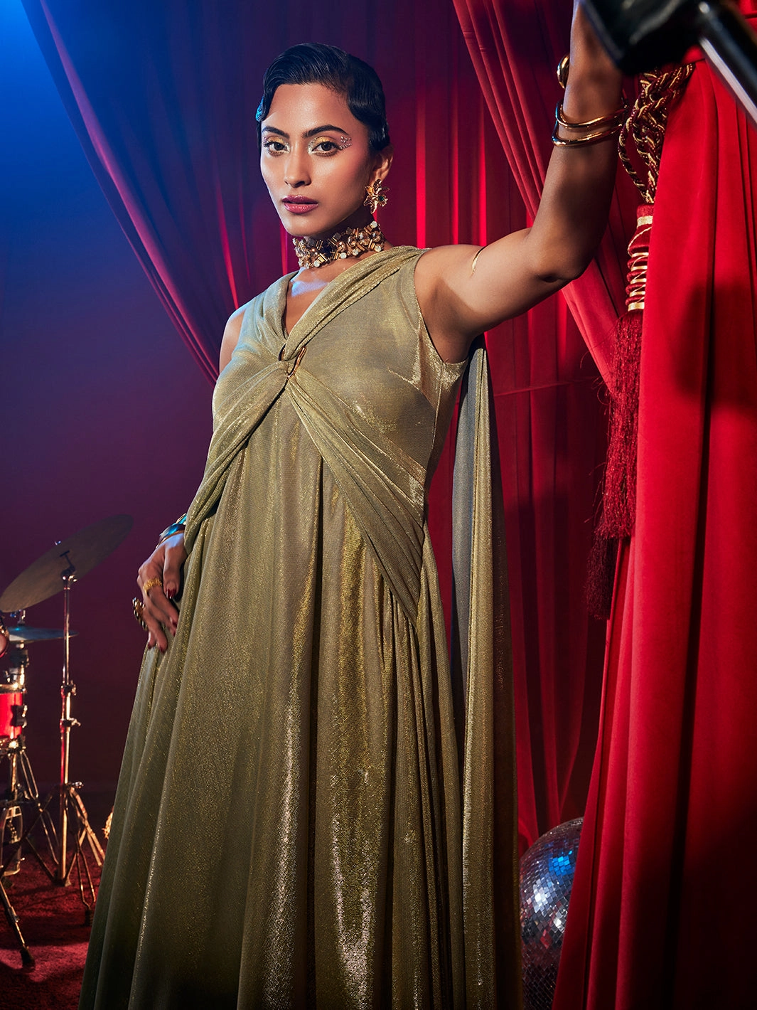 Donatella Golden Glow Evening Gown Panelled-Design Perfectly Fit Look