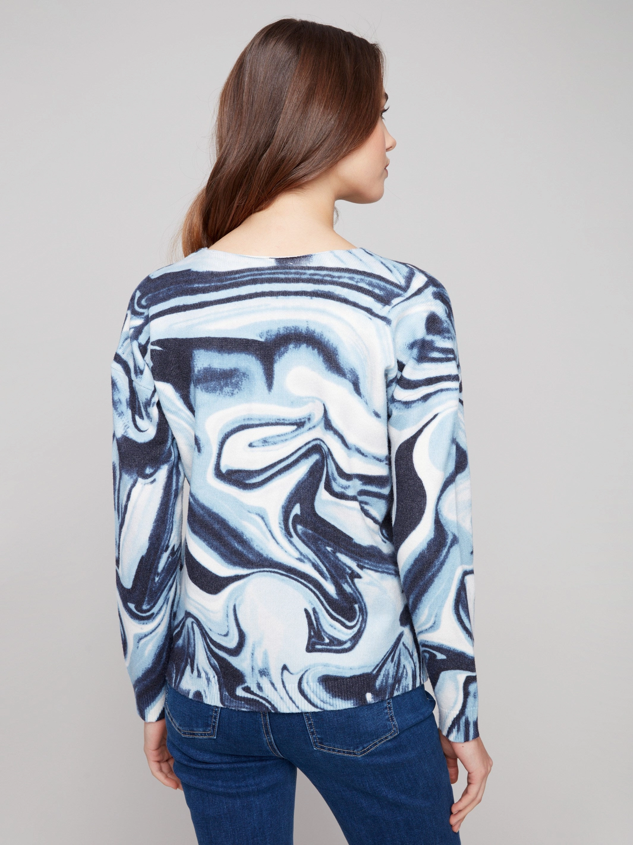 Classroom Printed Plush Knit V-Neck Sweater - Blue Swirl