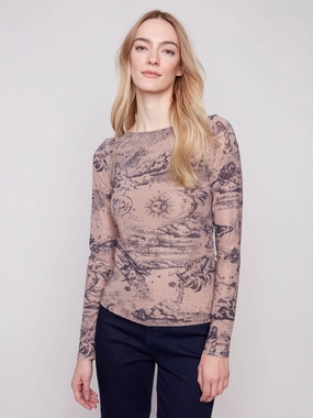 Everyday Fashion Printed Ruched Mesh Top - Astrology