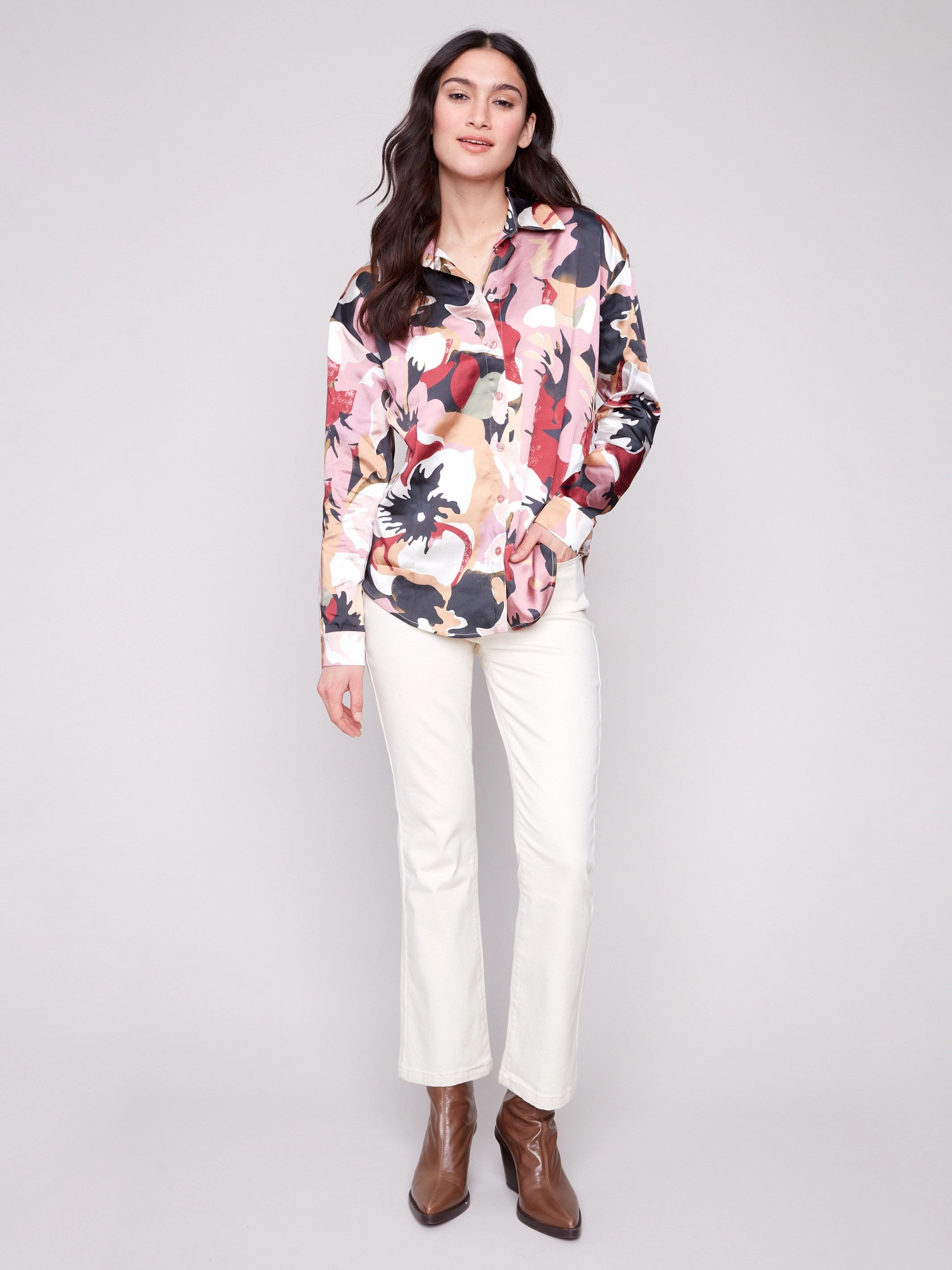 Printed Satin Button-Down Shirt - Flowery Wrinkle Resistant embroidery