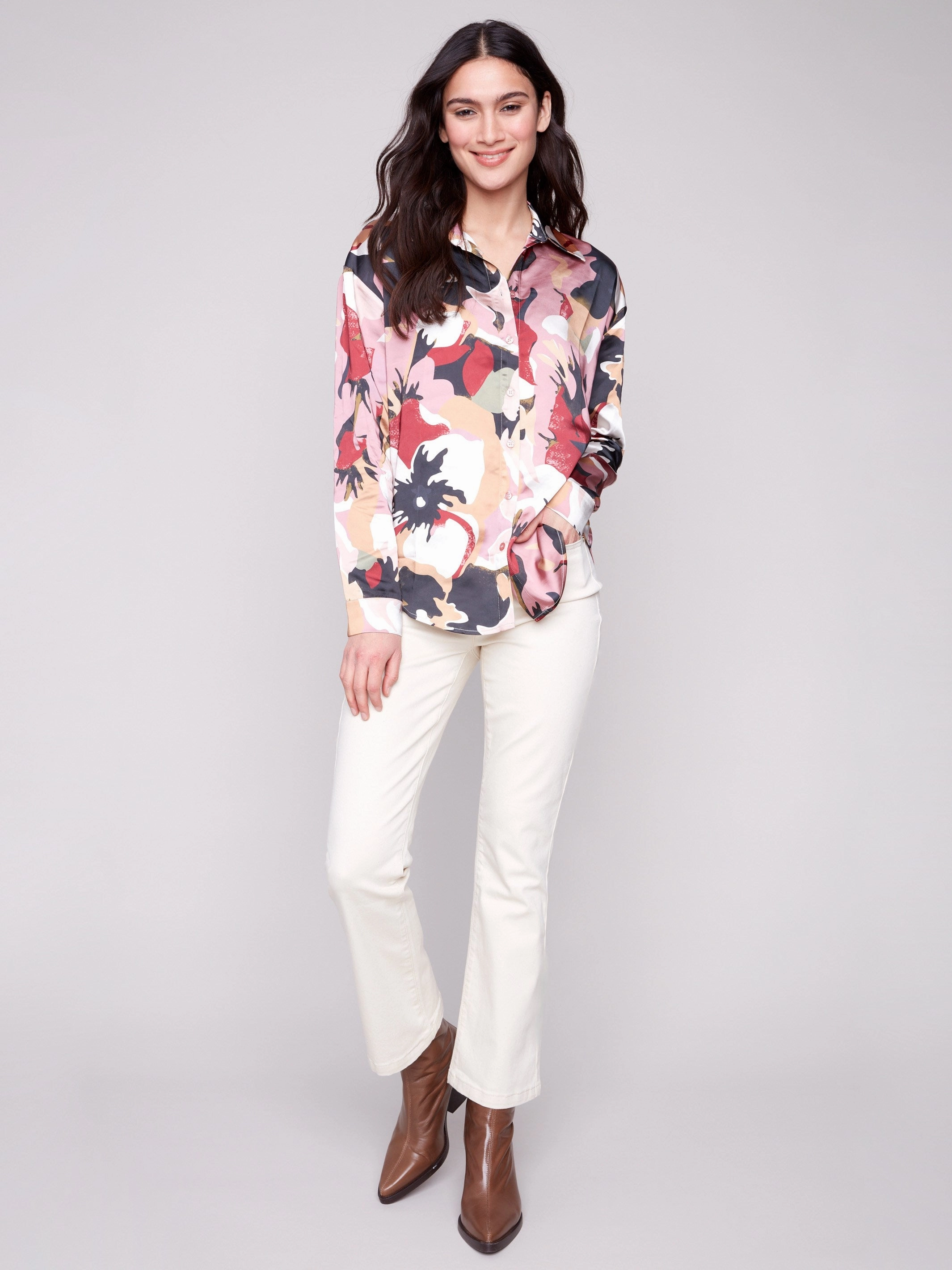 Printed Satin Button-Down Shirt - Flowery concert