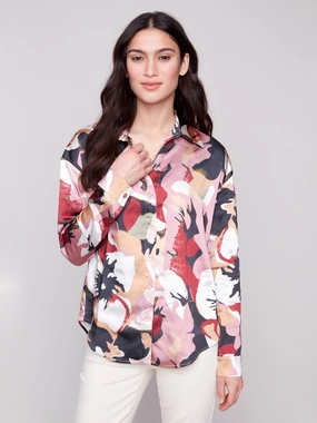 Printed Satin Button-Down Shirt - Flowery Afternoon outing