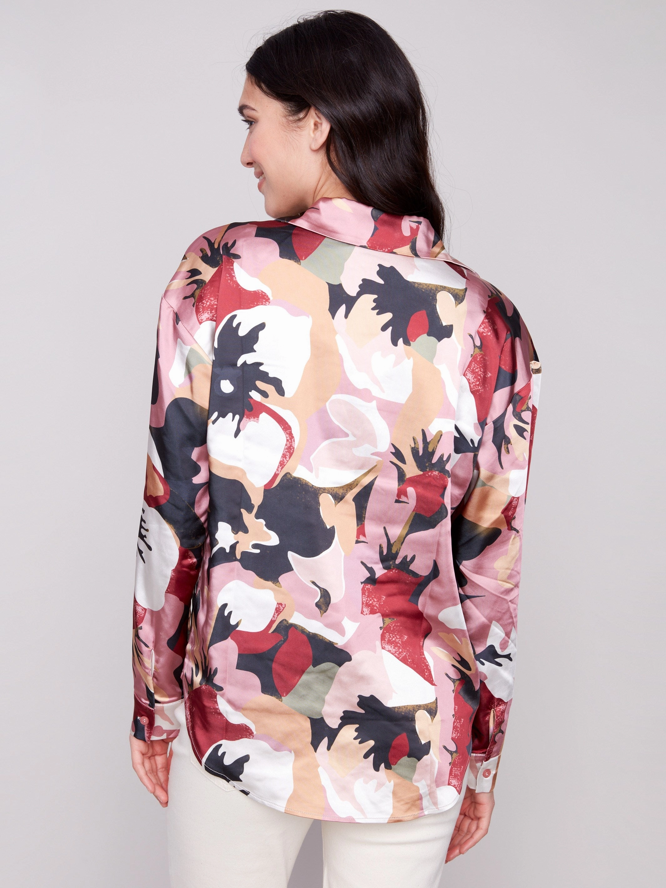 Foil Printed Satin Button-Down Shirt - Flowery