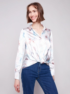Printed Satin Button-Down Shirt With Twisted Front - Chevron Formal Occasion Cozy