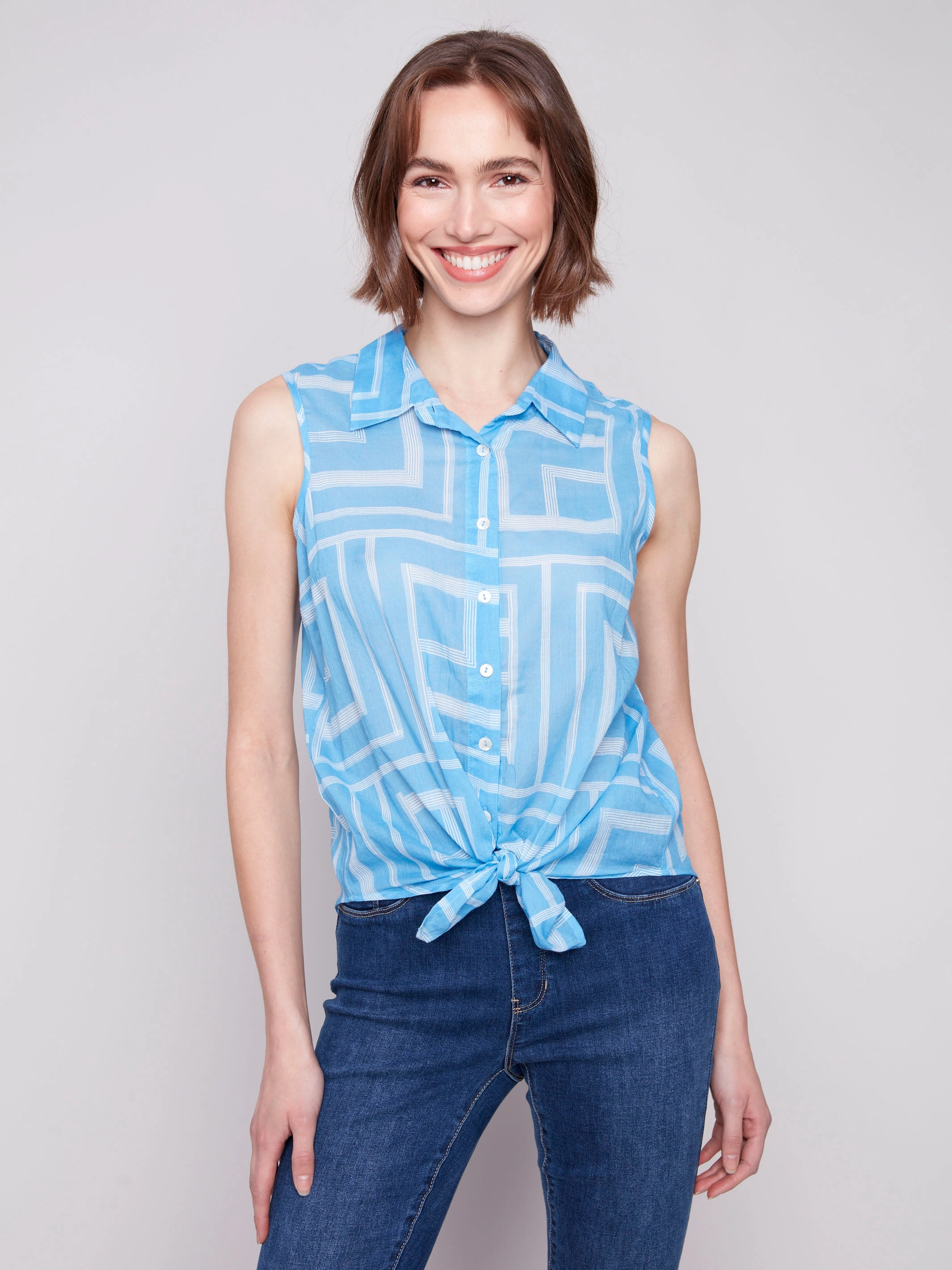 Printed Sleeveless Front Tie Cotton Shirt - Bluebell Urban Style Stretchable Material