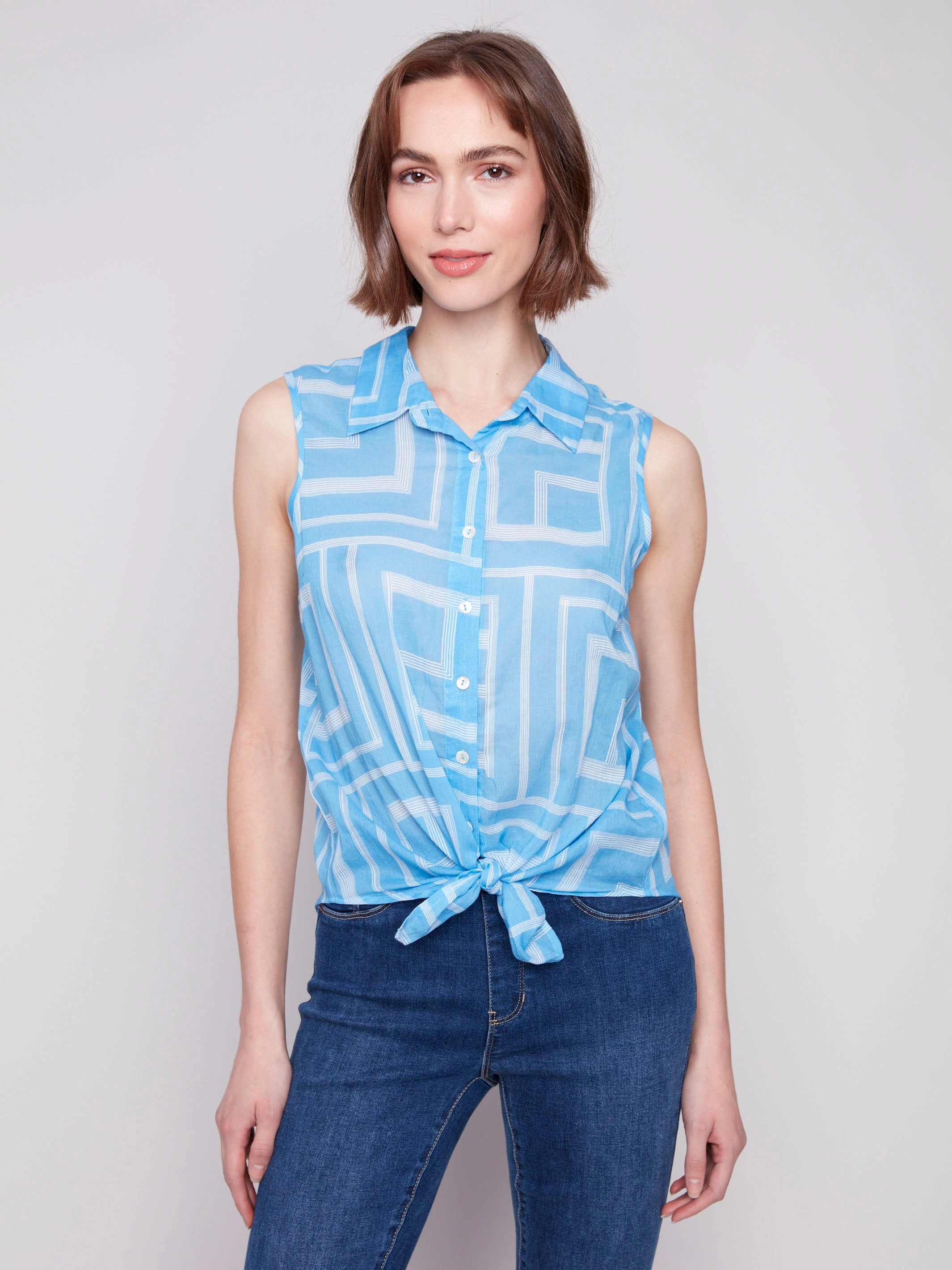 Printed Sleeveless Front Tie Cotton Shirt - Bluebell Networking Session Sweat-Absorbing