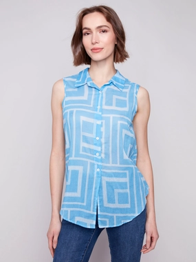 Floral Motif Printed Sleeveless Front Tie Cotton Shirt - Bluebell