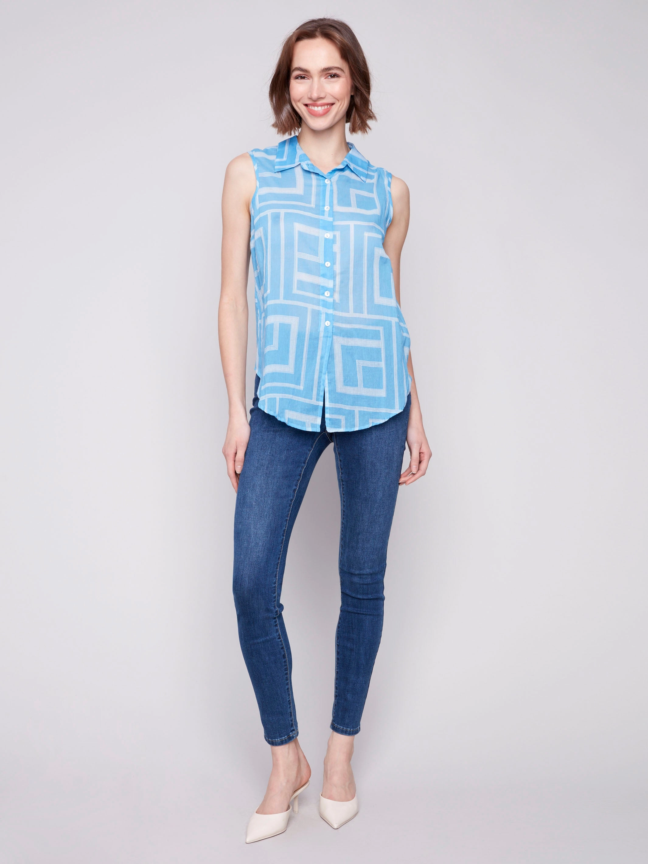 Non Irritating Tags Oversized style Printed Sleeveless Front Tie Cotton Shirt - Bluebell