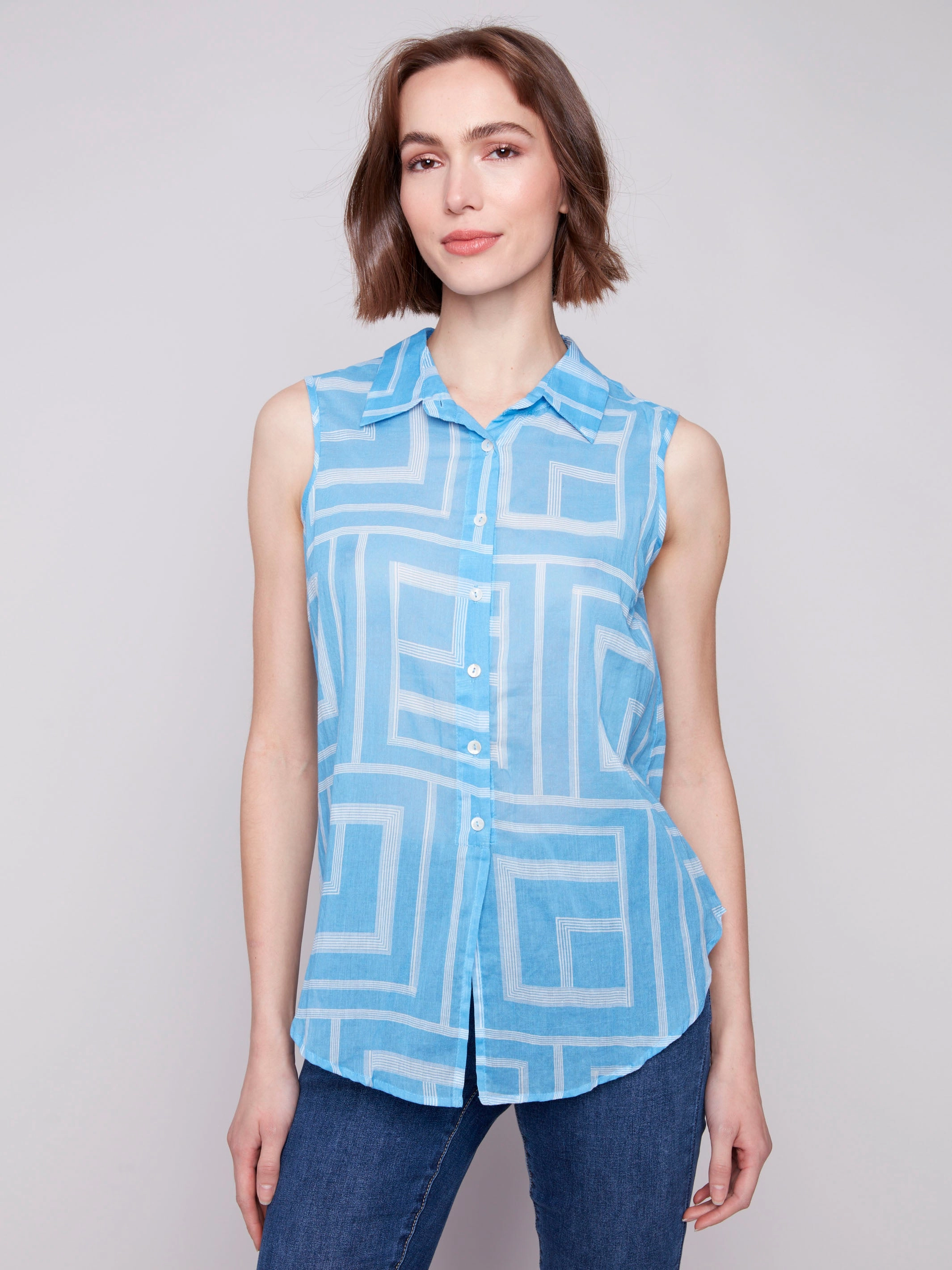 Floral Motif Printed Sleeveless Front Tie Cotton Shirt - Bluebell