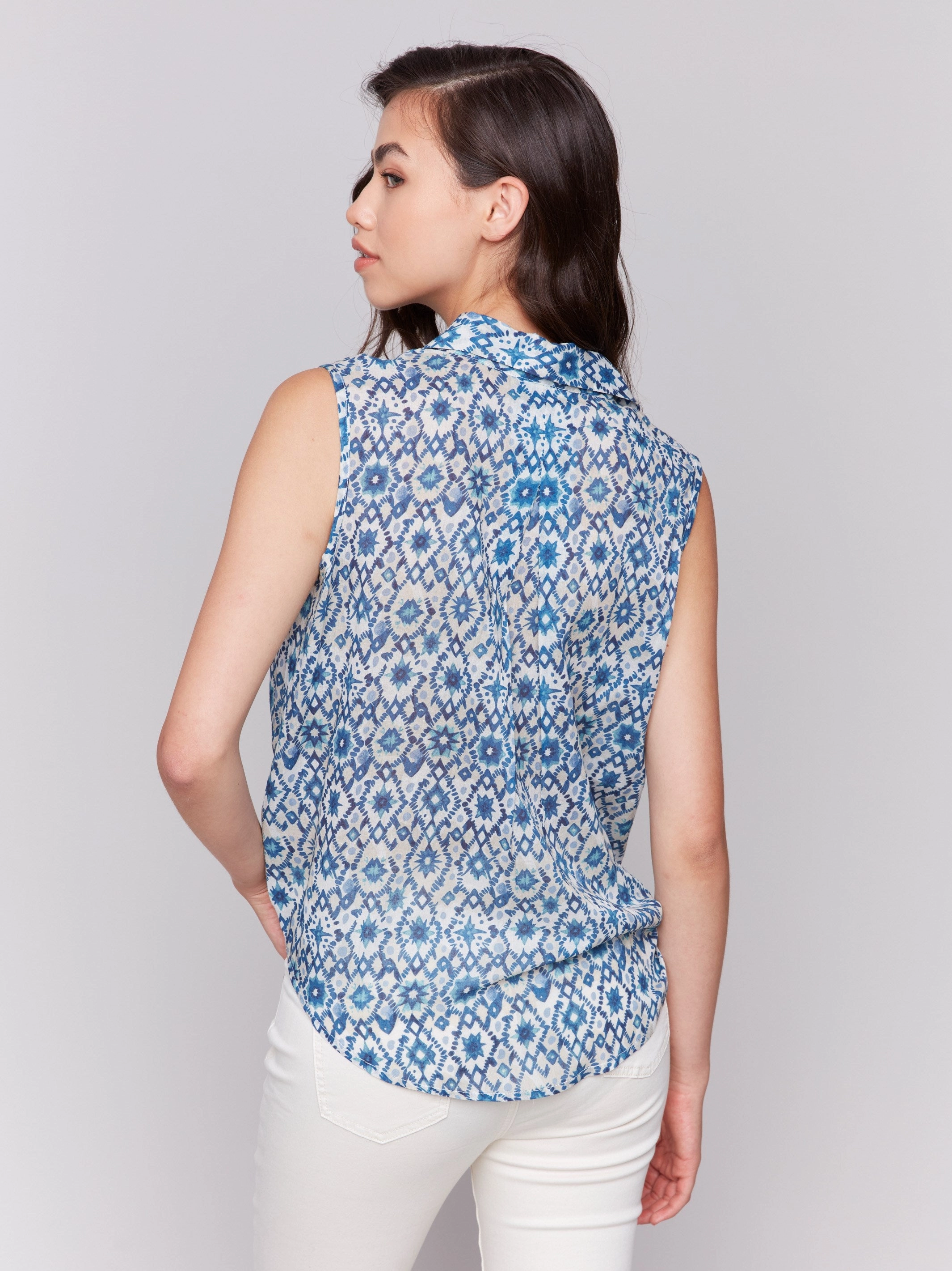 Printed Sleeveless Front Tie Cotton Shirt - Stars Printed Pattern Cocktail Party