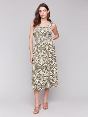 Trendy Comfort Printed Sleeveless Midi Dress with Shirring Detail - Celadon