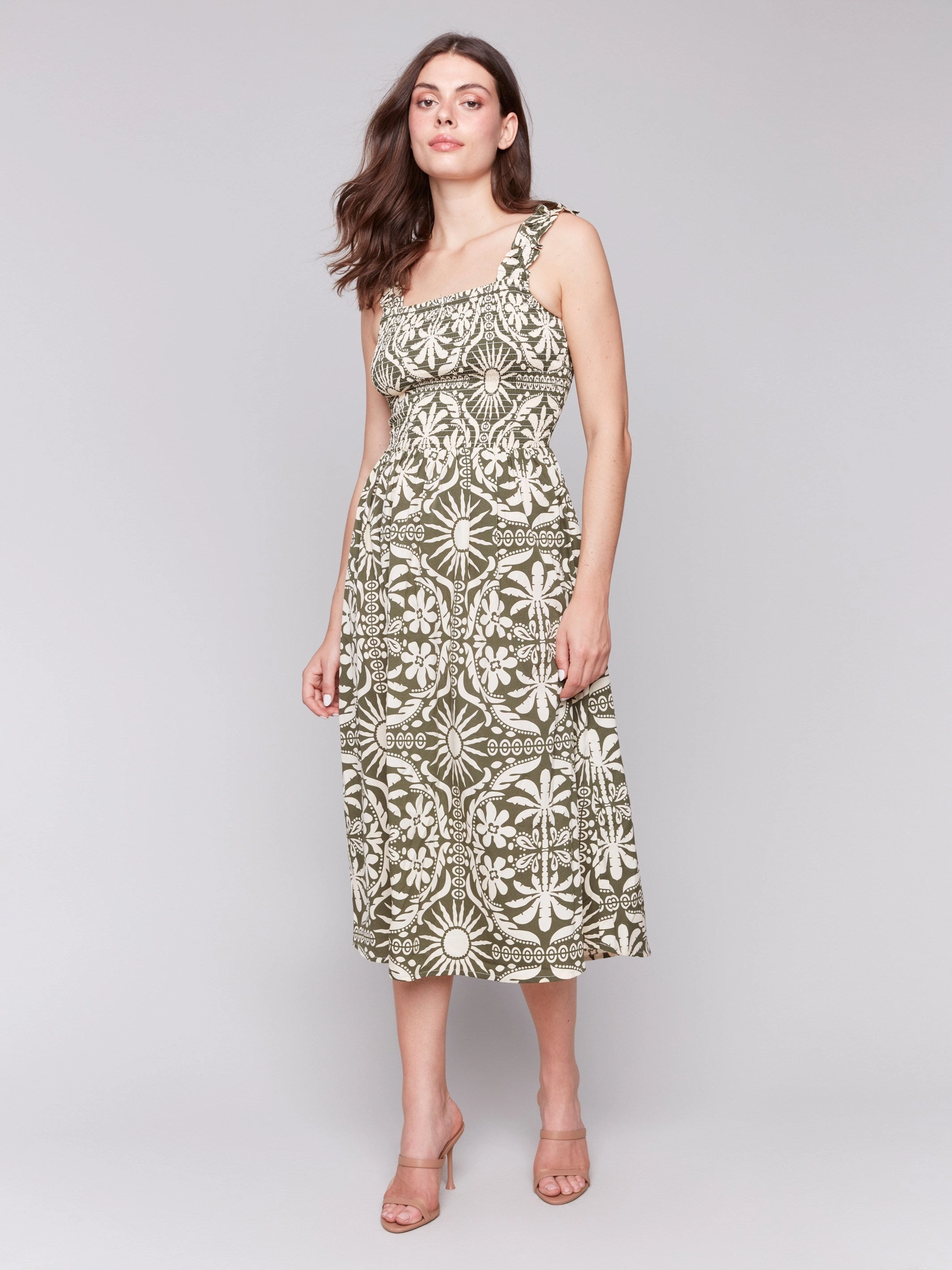 Shiny surface Printed Sleeveless Midi Dress with Shirring Detail - Celadon