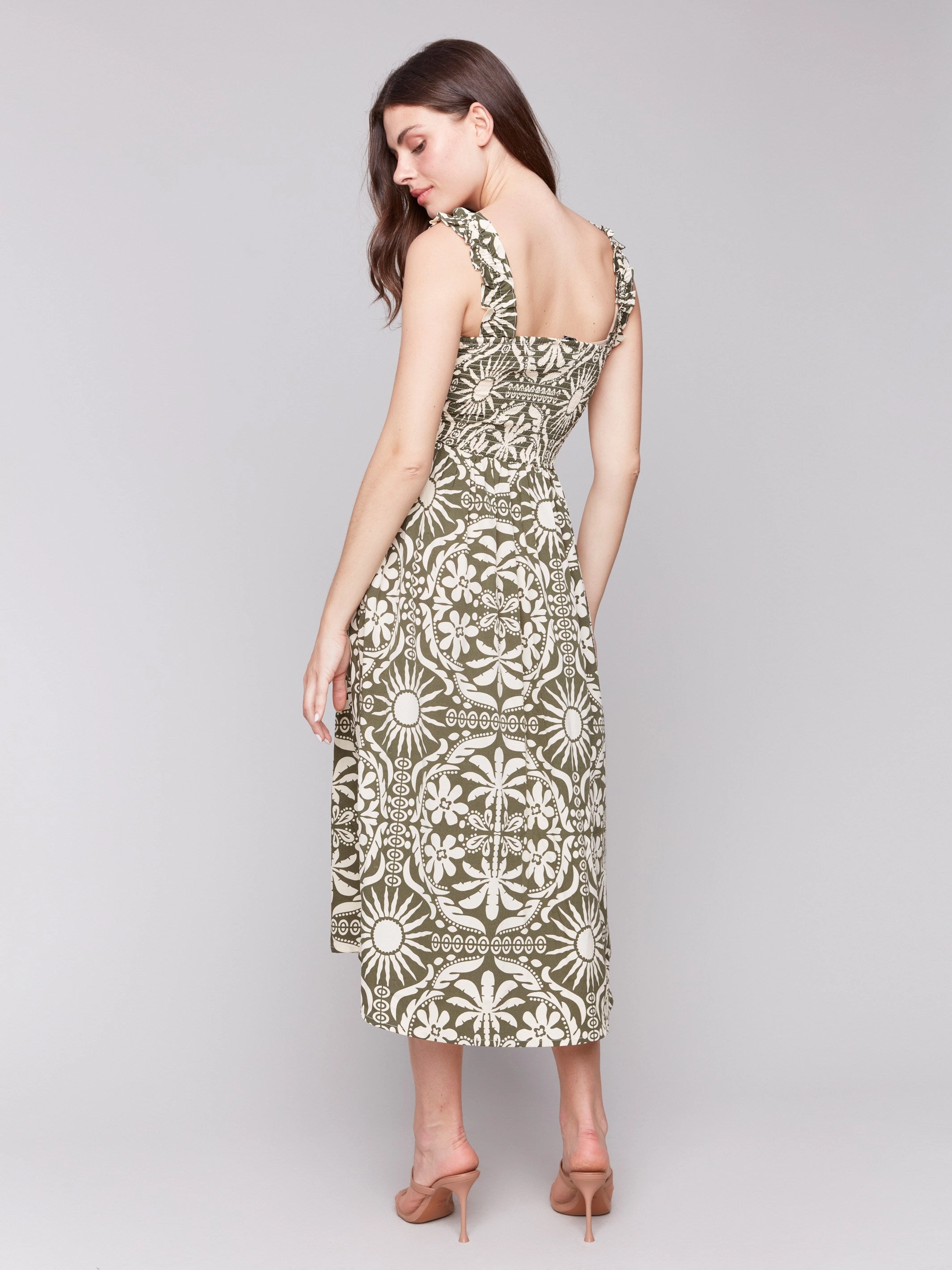 Figure-Skimming Printed Sleeveless Midi Dress with Shirring Detail - Celadon