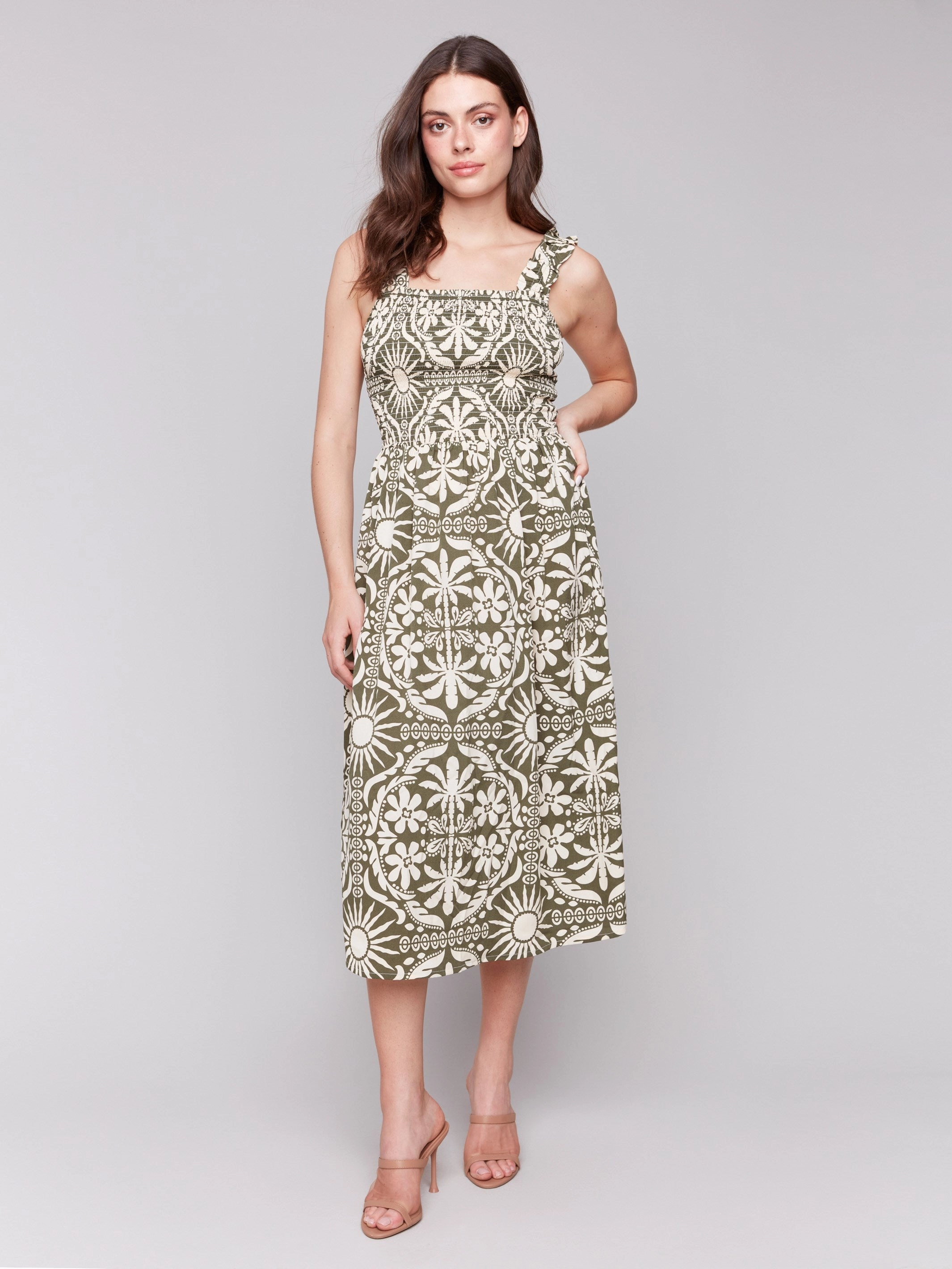 Trendy Comfort Printed Sleeveless Midi Dress with Shirring Detail - Celadon