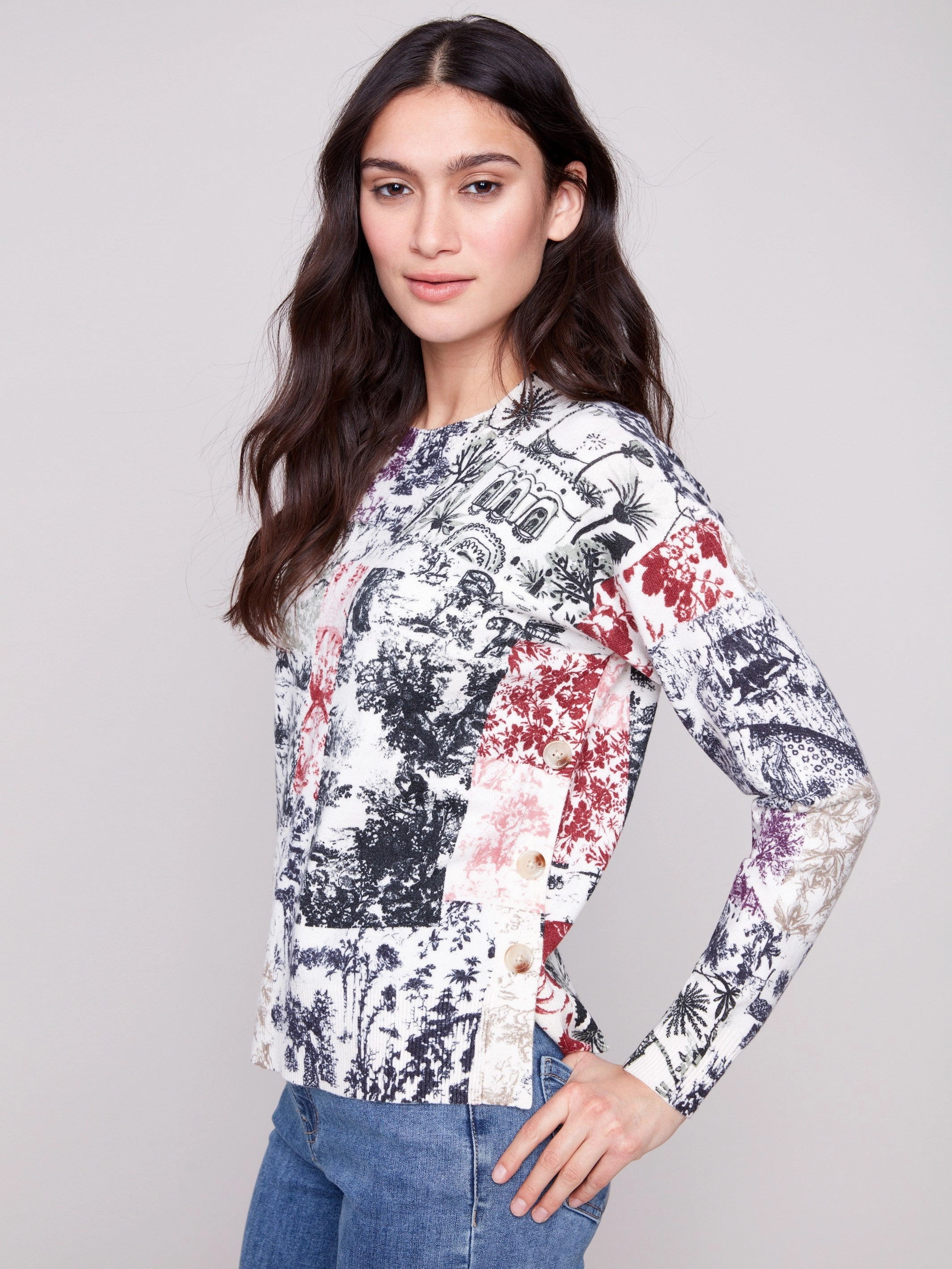 embroidery Lace Printed Sweater With Side Buttons - Frame
