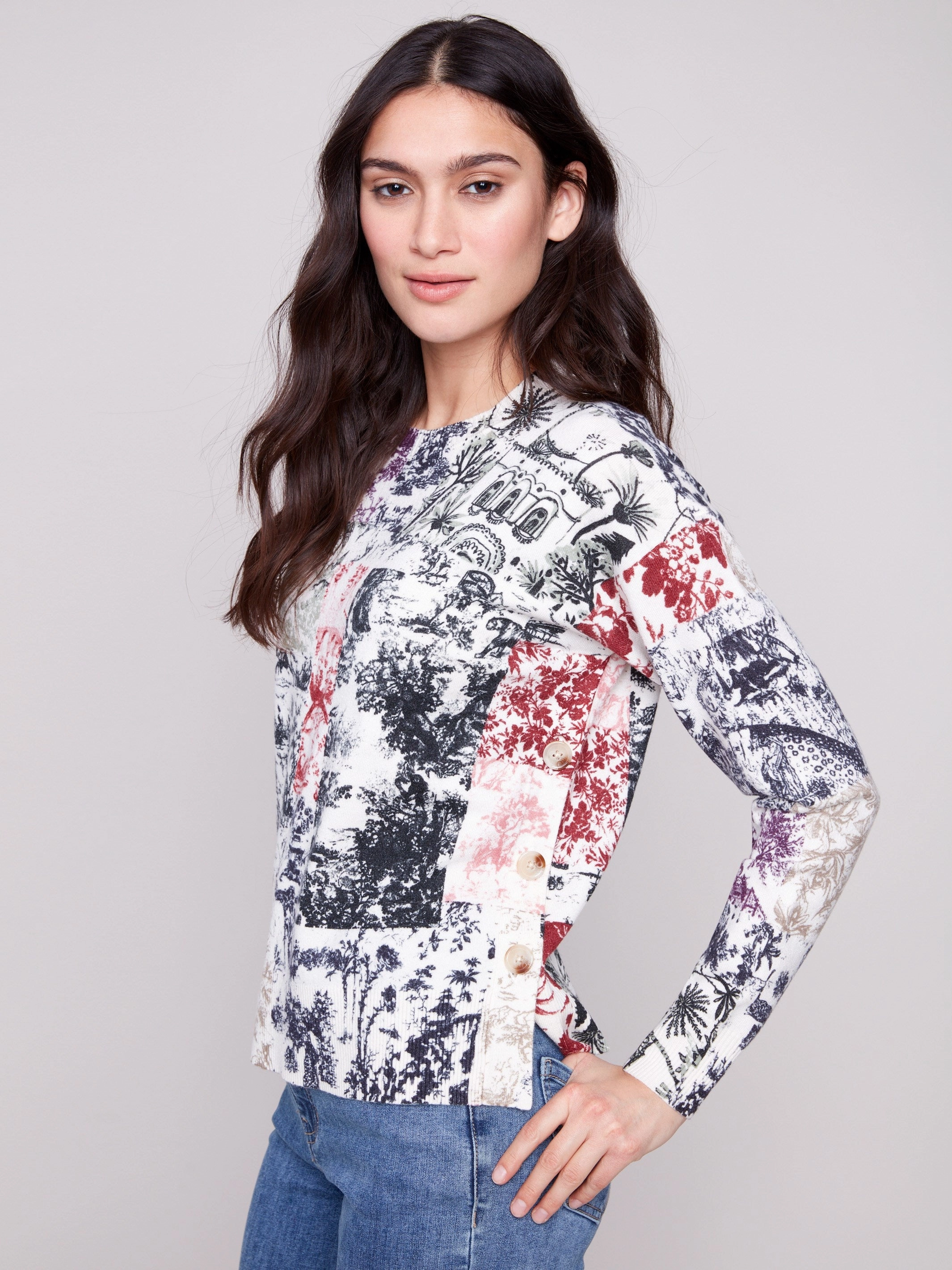 Printed Sweater With Side Buttons - Frame Breathable