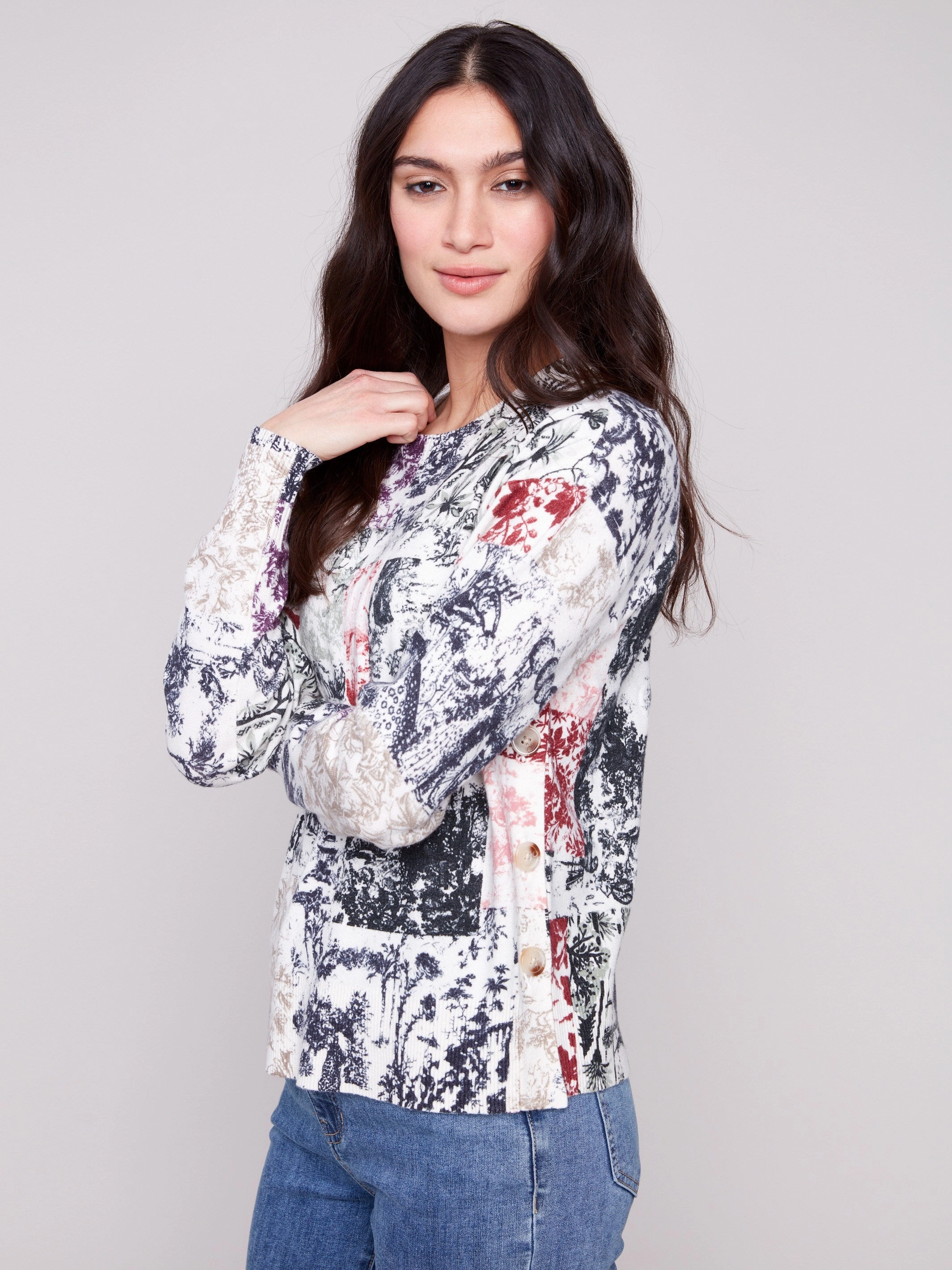 Printed Sweater With Side Buttons - Frame Short Tight Fit
