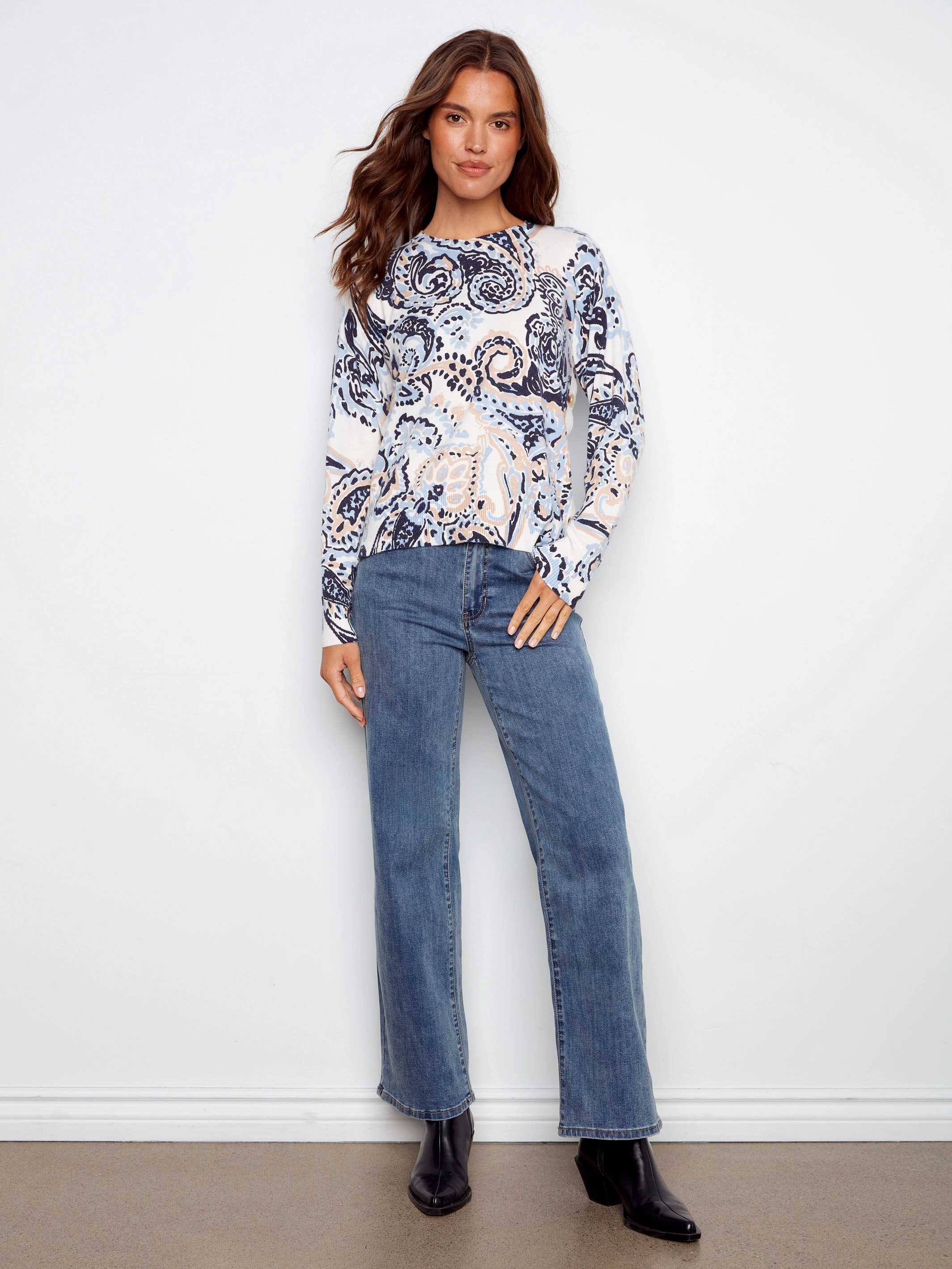 Printed Sweater With Side Buttons - Rococo Mountain