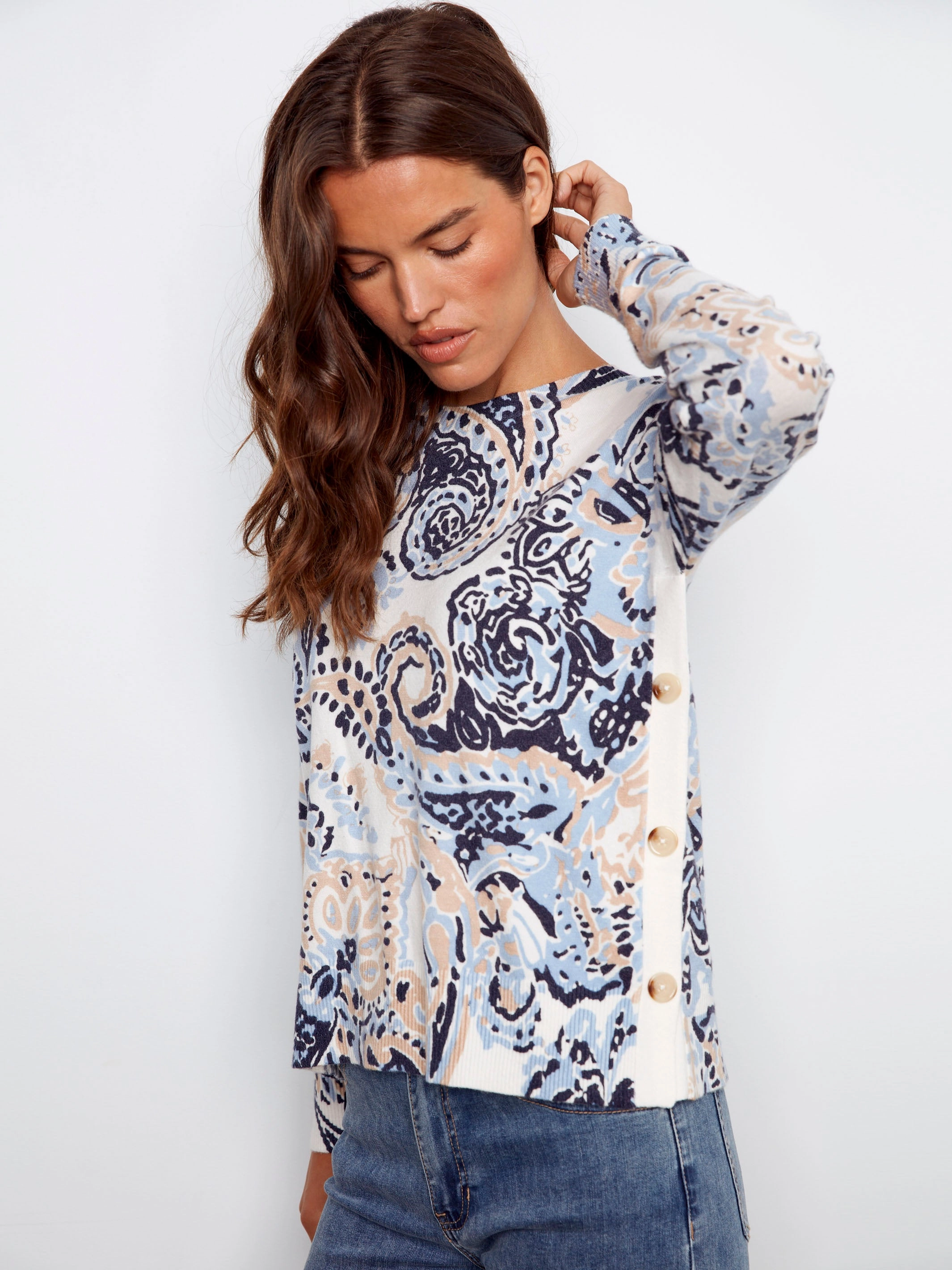 Printed Sweater With Side Buttons - Rococo Quick Dry Material