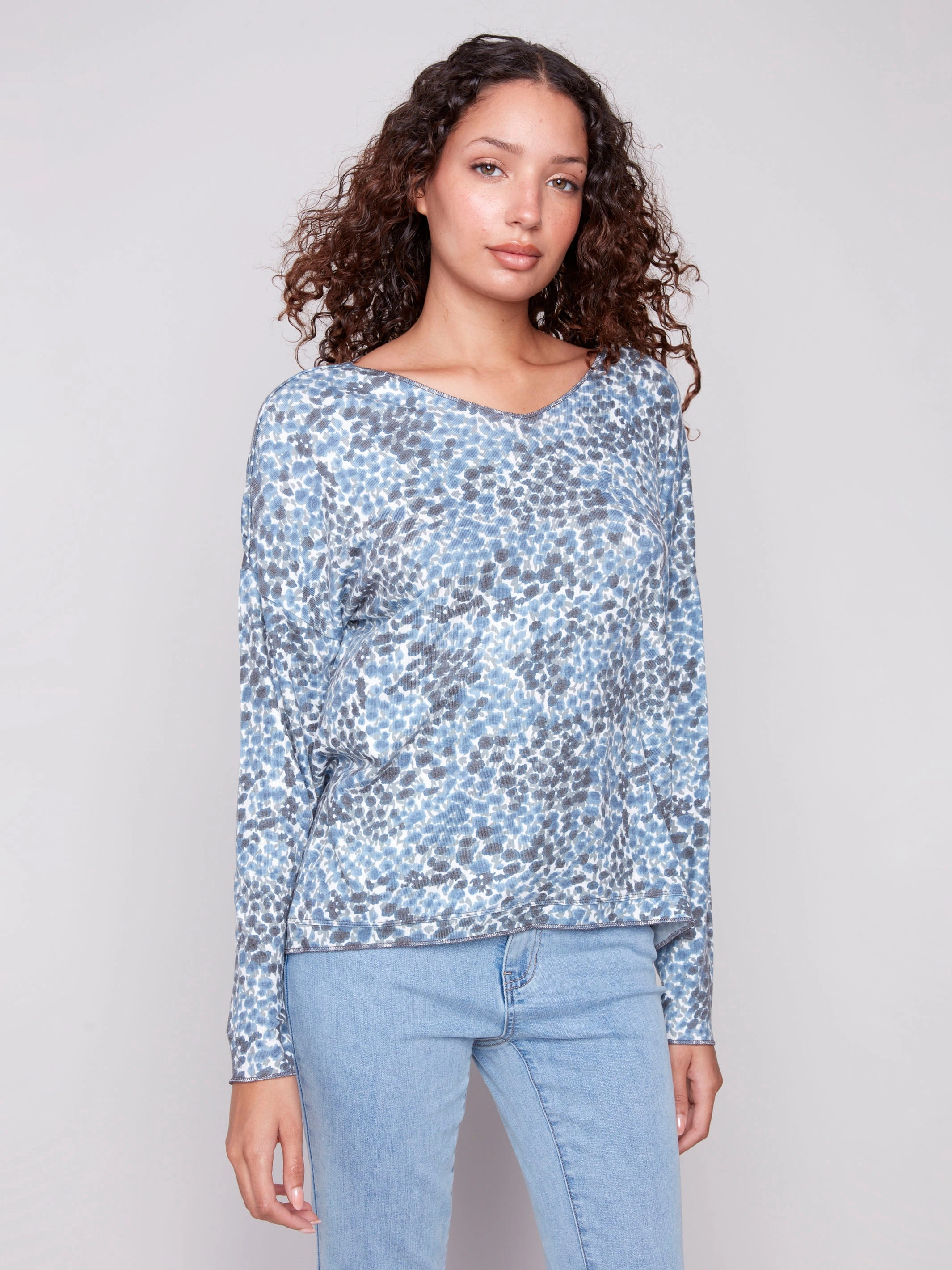 Printed V-Neck Knit Top - Ditsy Double Stitched Seams FrenchTerry