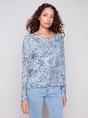 Printed V-Neck Knit Top - Ditsy Double Stitched Seams FrenchTerry