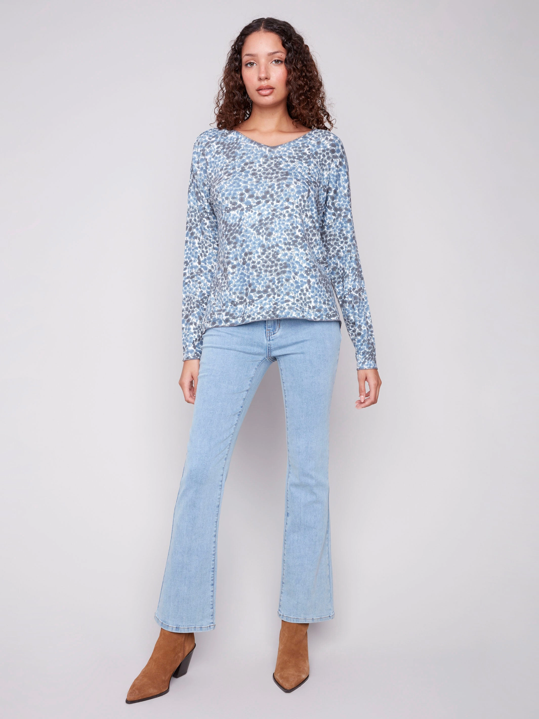 DurableZipper Printed V-Neck Knit Top - Ditsy