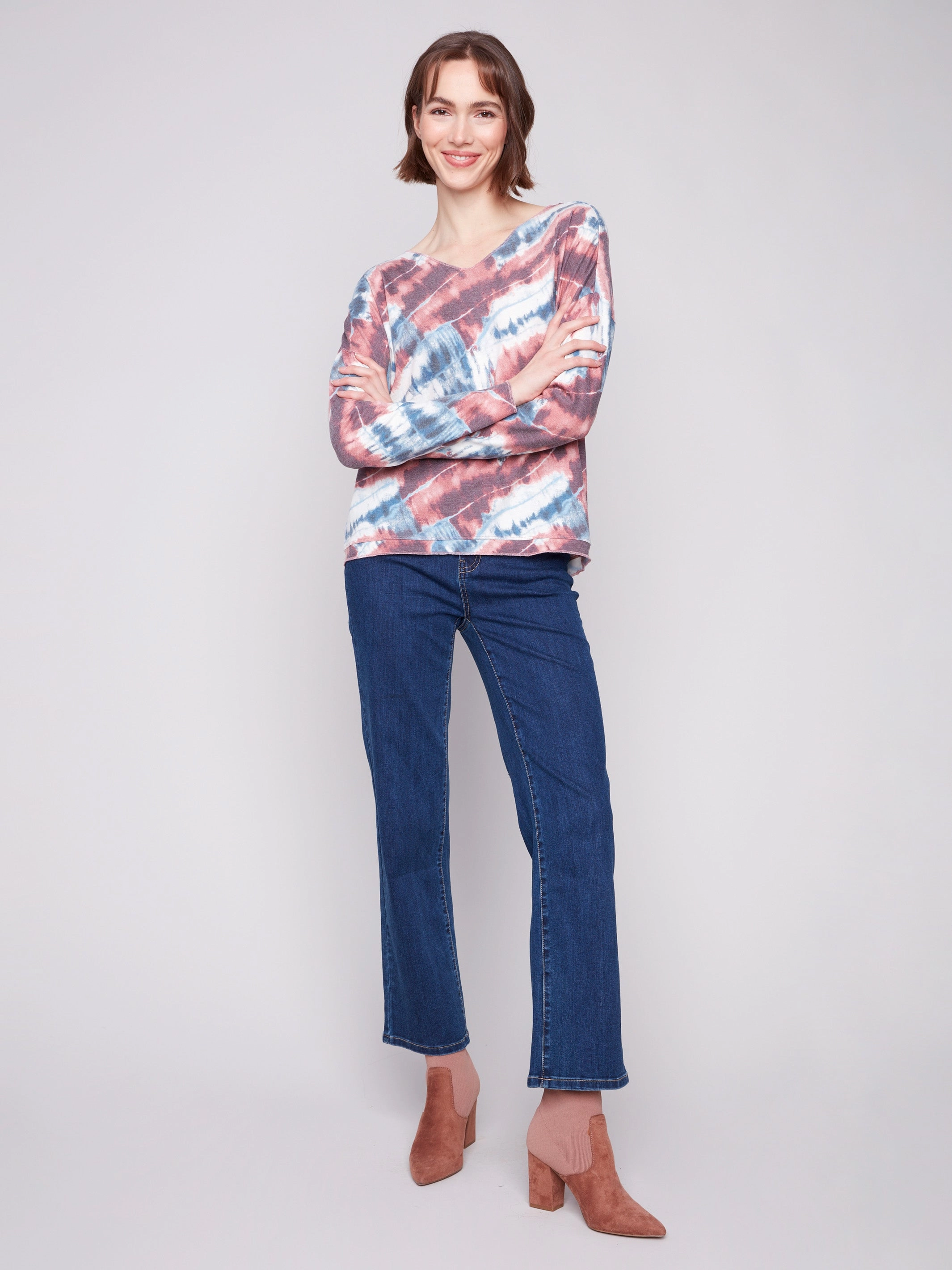 AbrasionResistant Edging Printed V-neck Knit Top - Dreamy Pink
