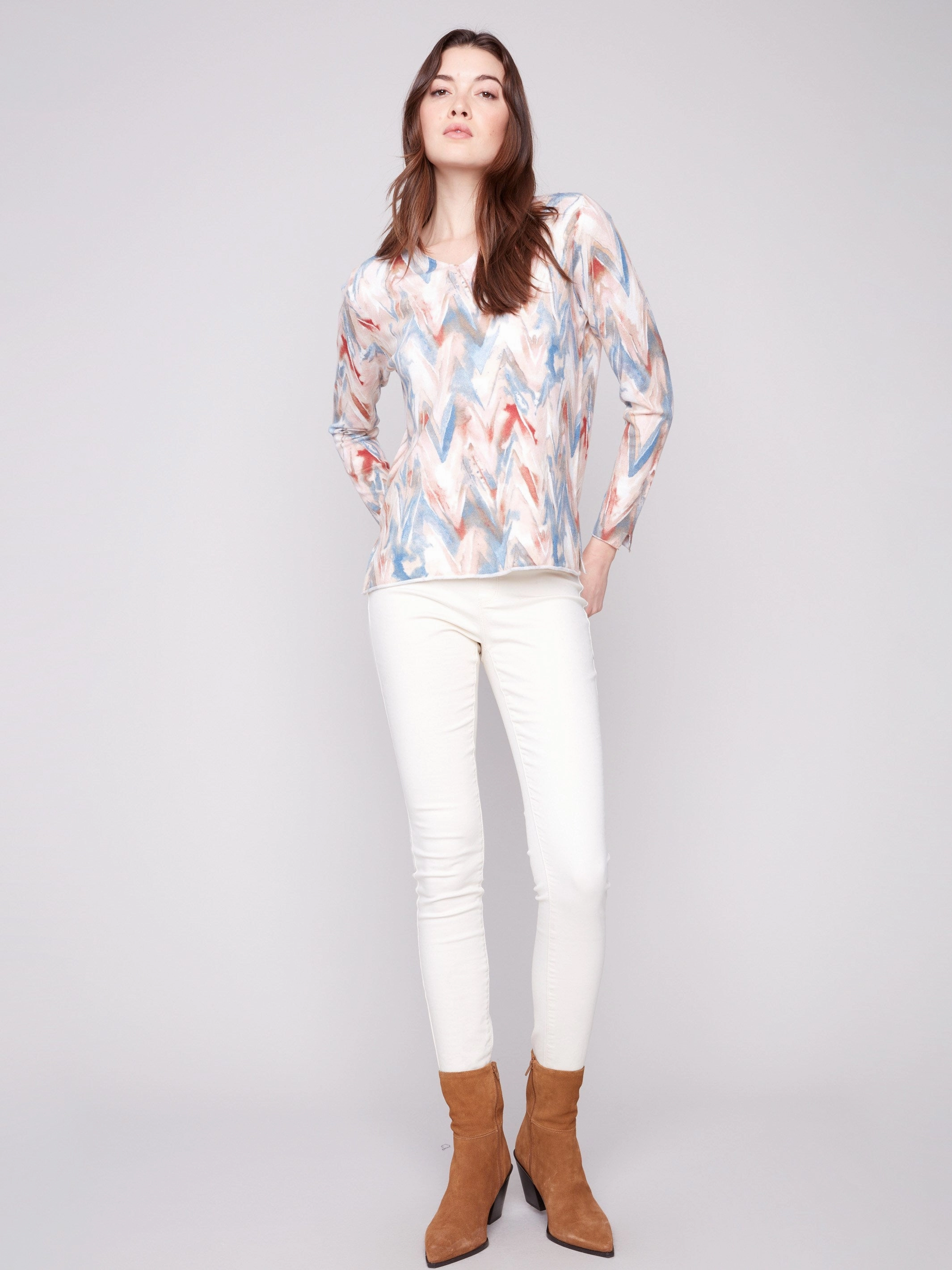 Air related Printed V-Neck Sweater - Chevron
