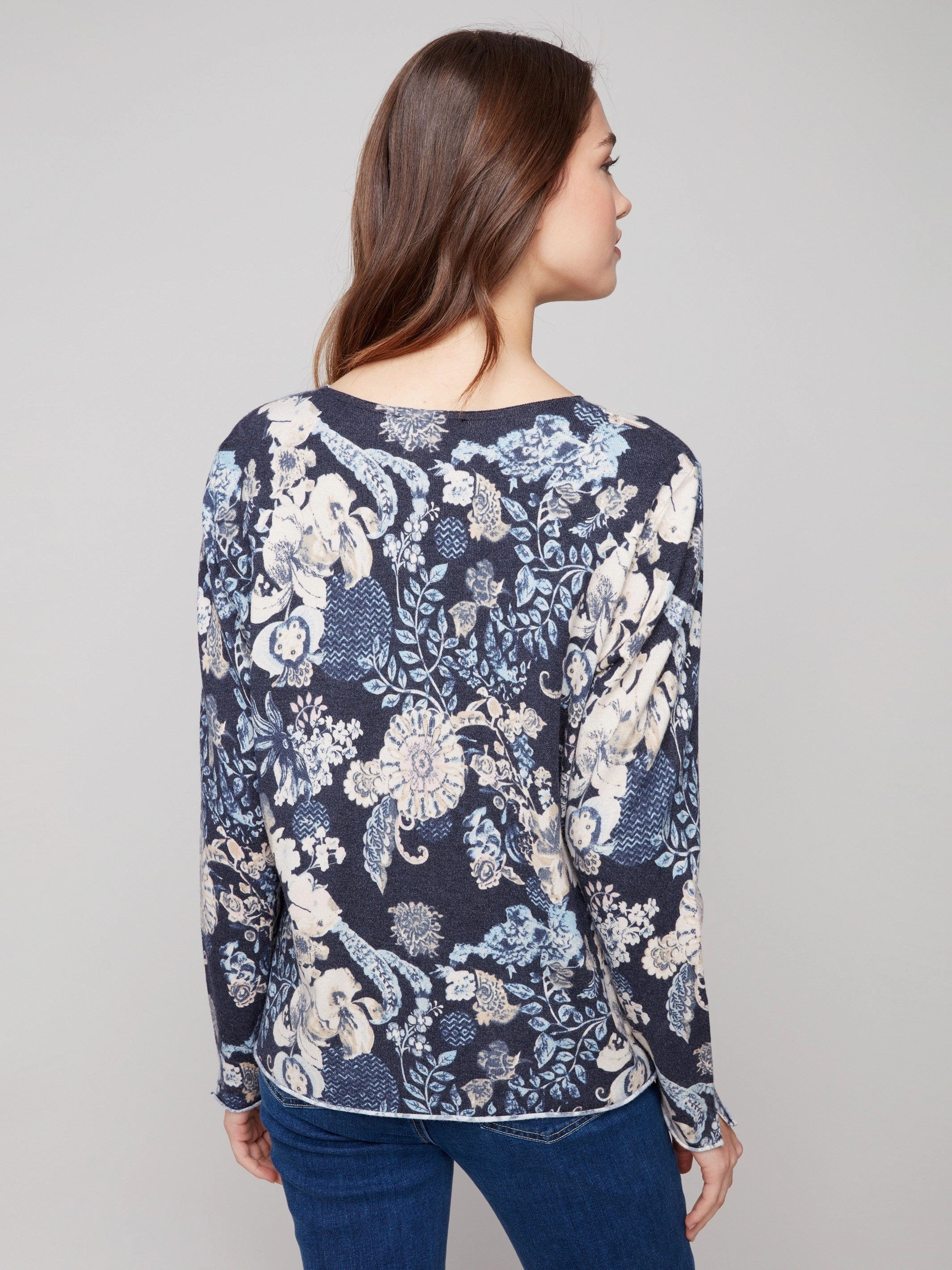 Non cuffed edge Printed V-Neck Sweater - Posh