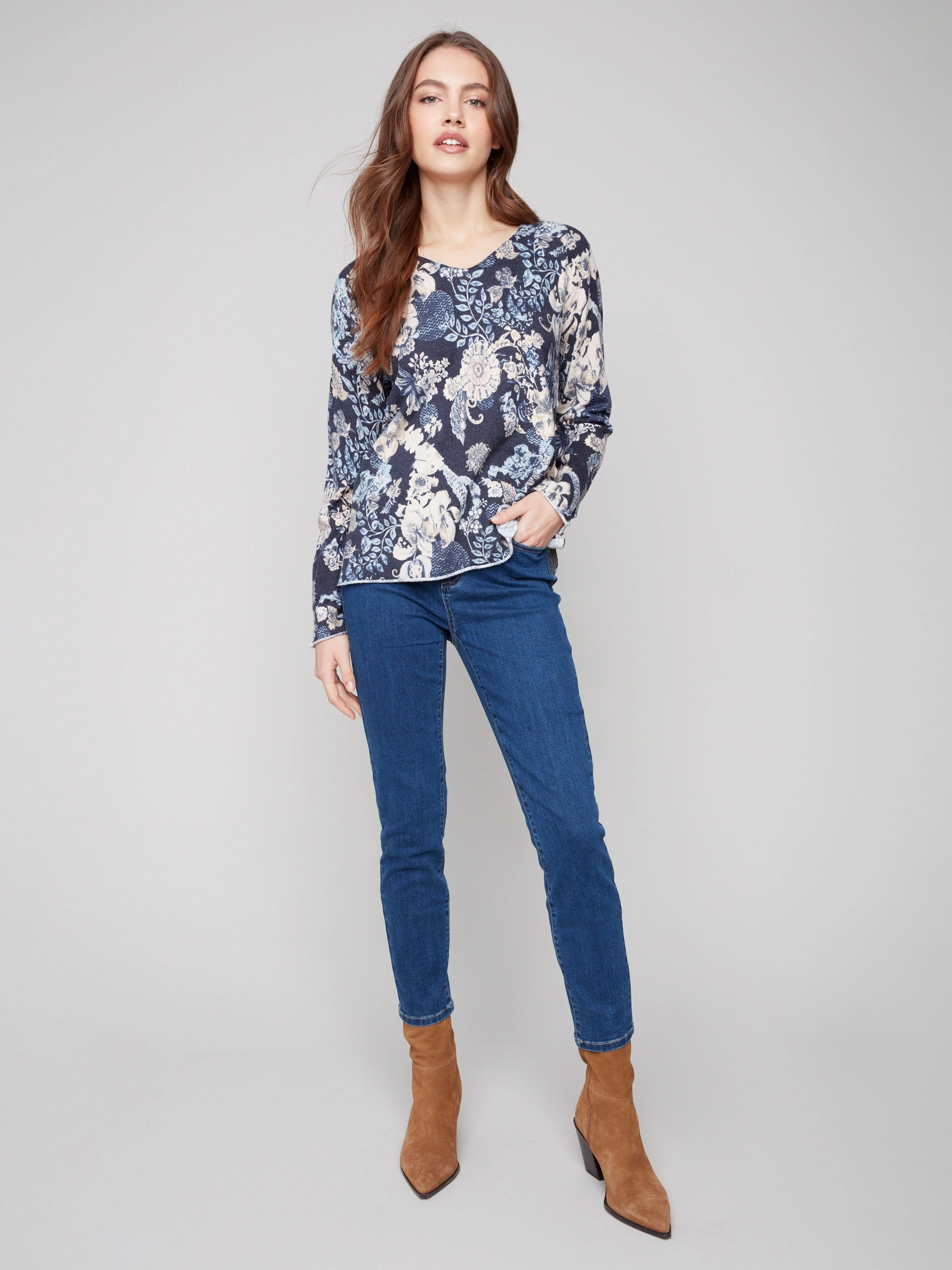 Printed V-Neck Sweater - Posh Urban