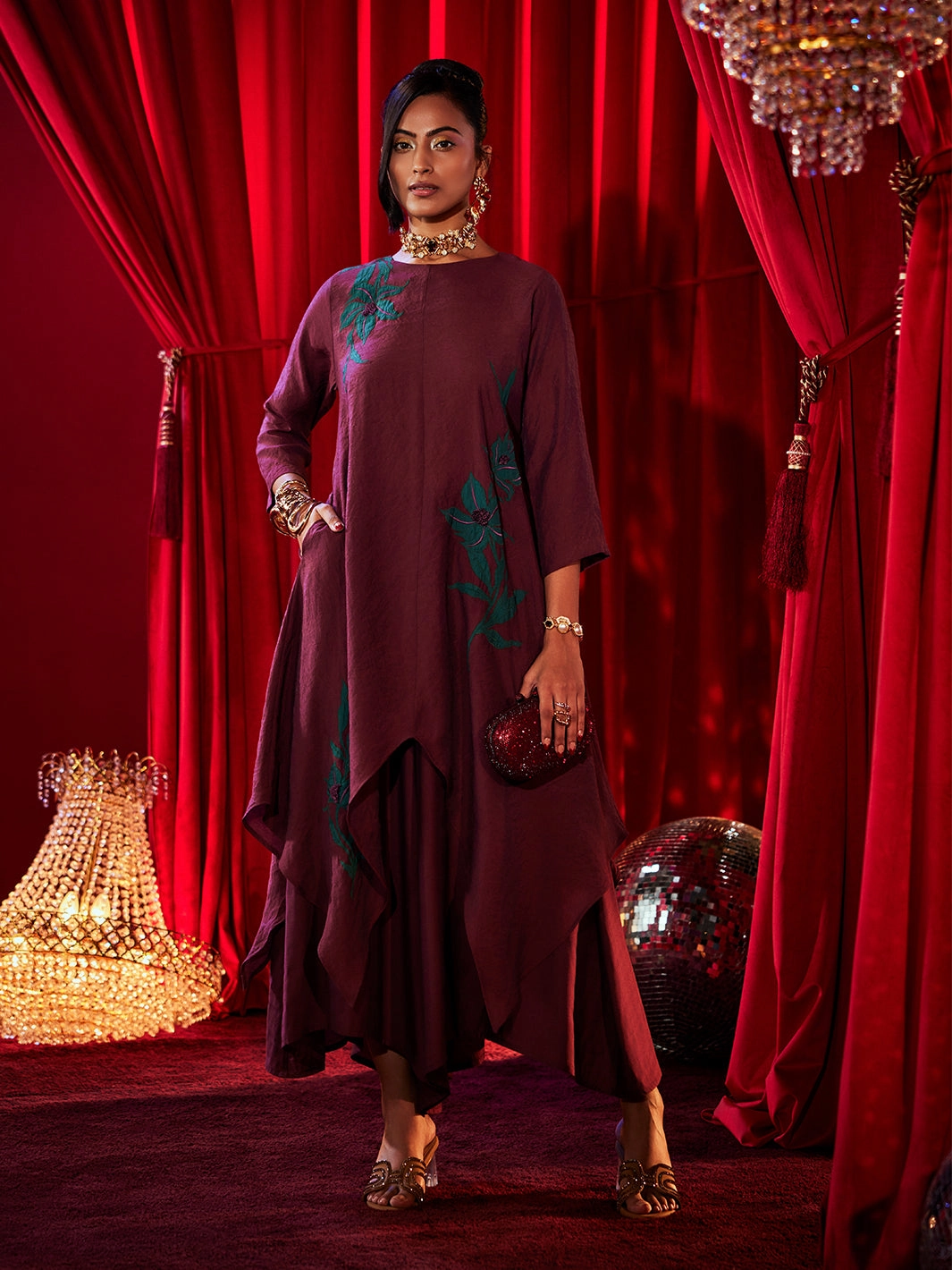 Lilia Wine Embroidered Co-ord set Artistic Detail Travel Staple