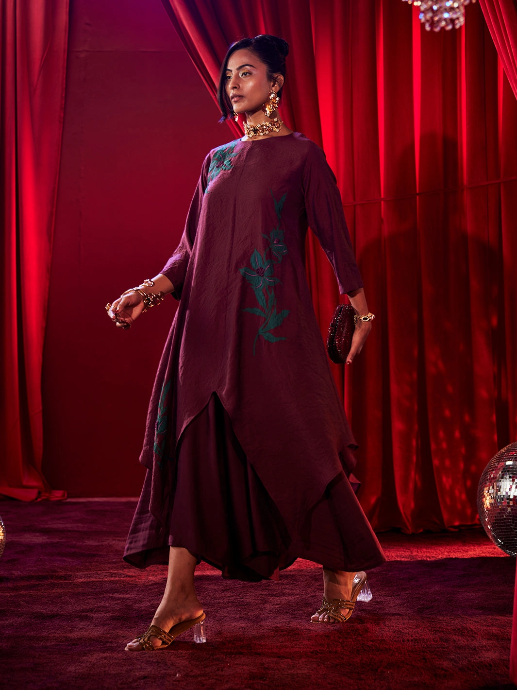 Sleek Tone Lilia Wine Embroidered Co-ord set