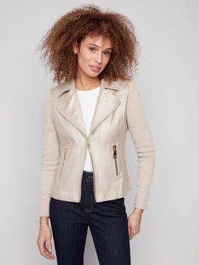 Anytime Outer Fit Vintage Metallic Faux Leather And Rib Knit Jacket - Brass