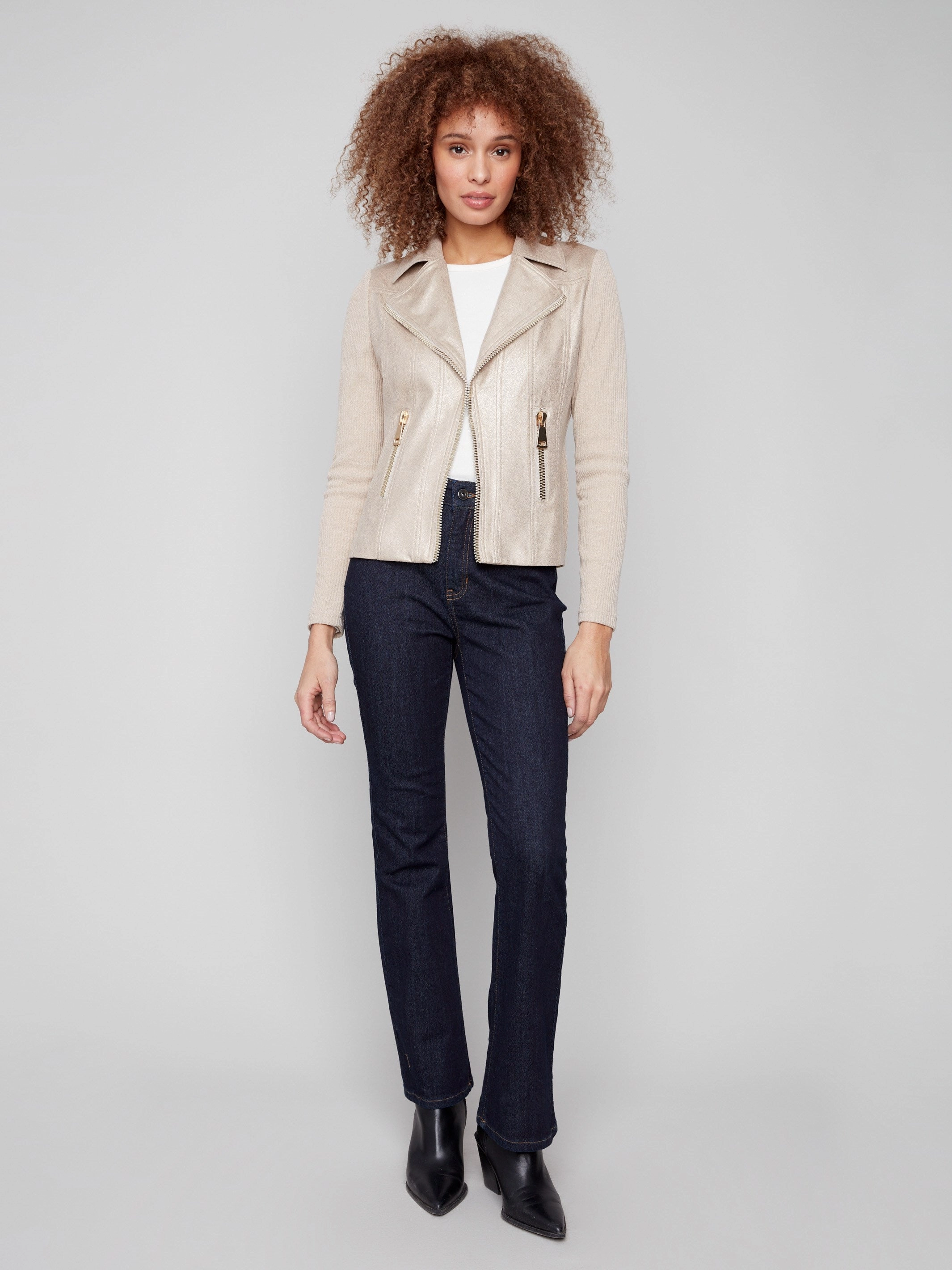 AdjustableHood Wind Resistant Fabric Vintage Metallic Faux Leather And Rib Knit Jacket - Brass