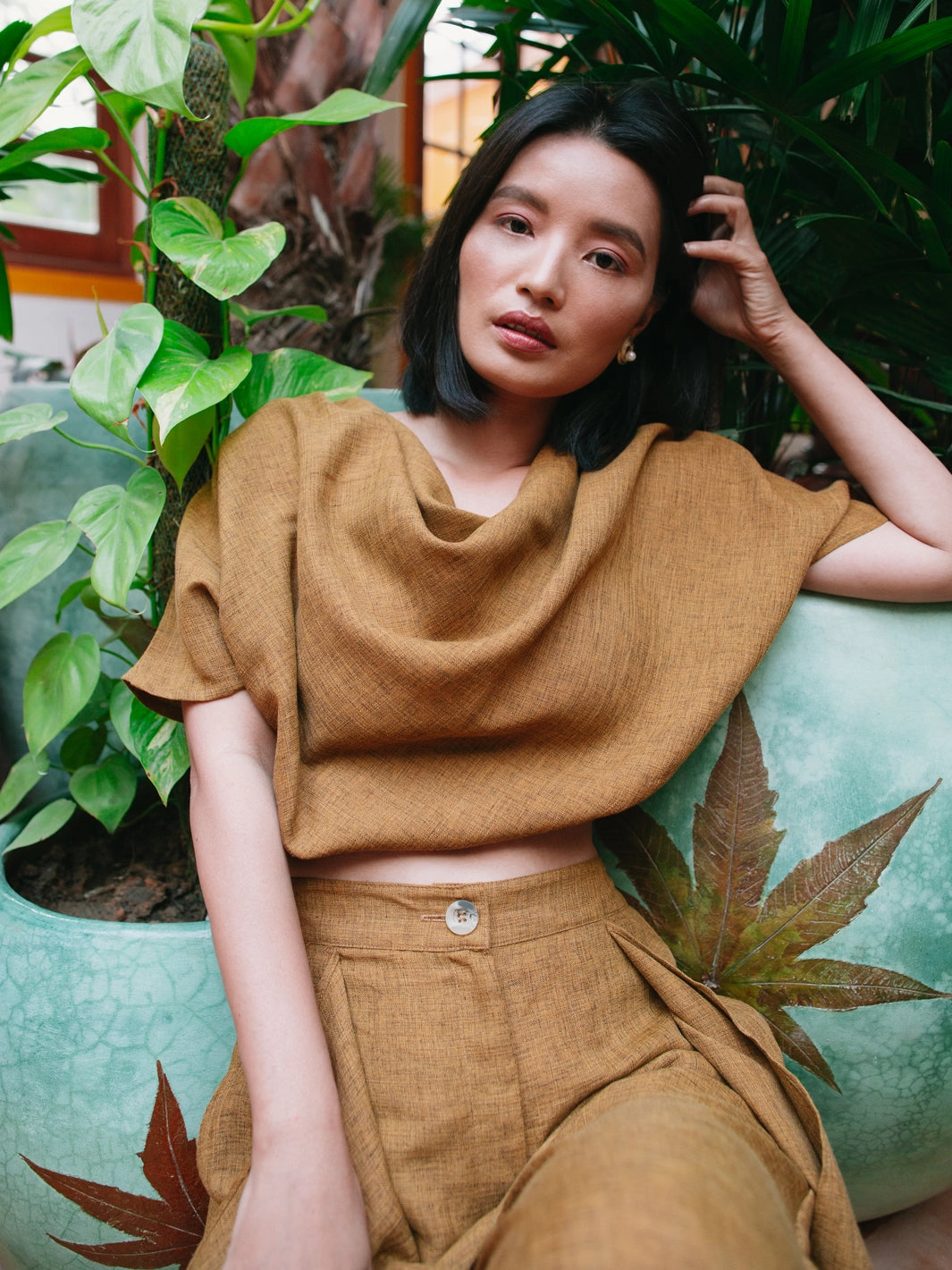 Timeless Touch Mersin Mustard Cowl Neck Top