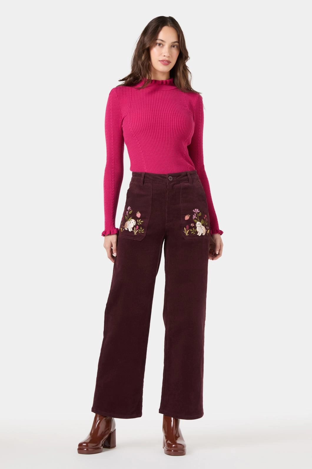 Rabbit Embroidered Cord Jean Relaxed Waistband