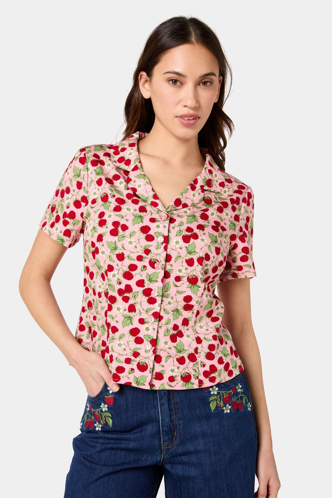 Raspberry Short Sleeve Blouse Four Way Stretch Fabric