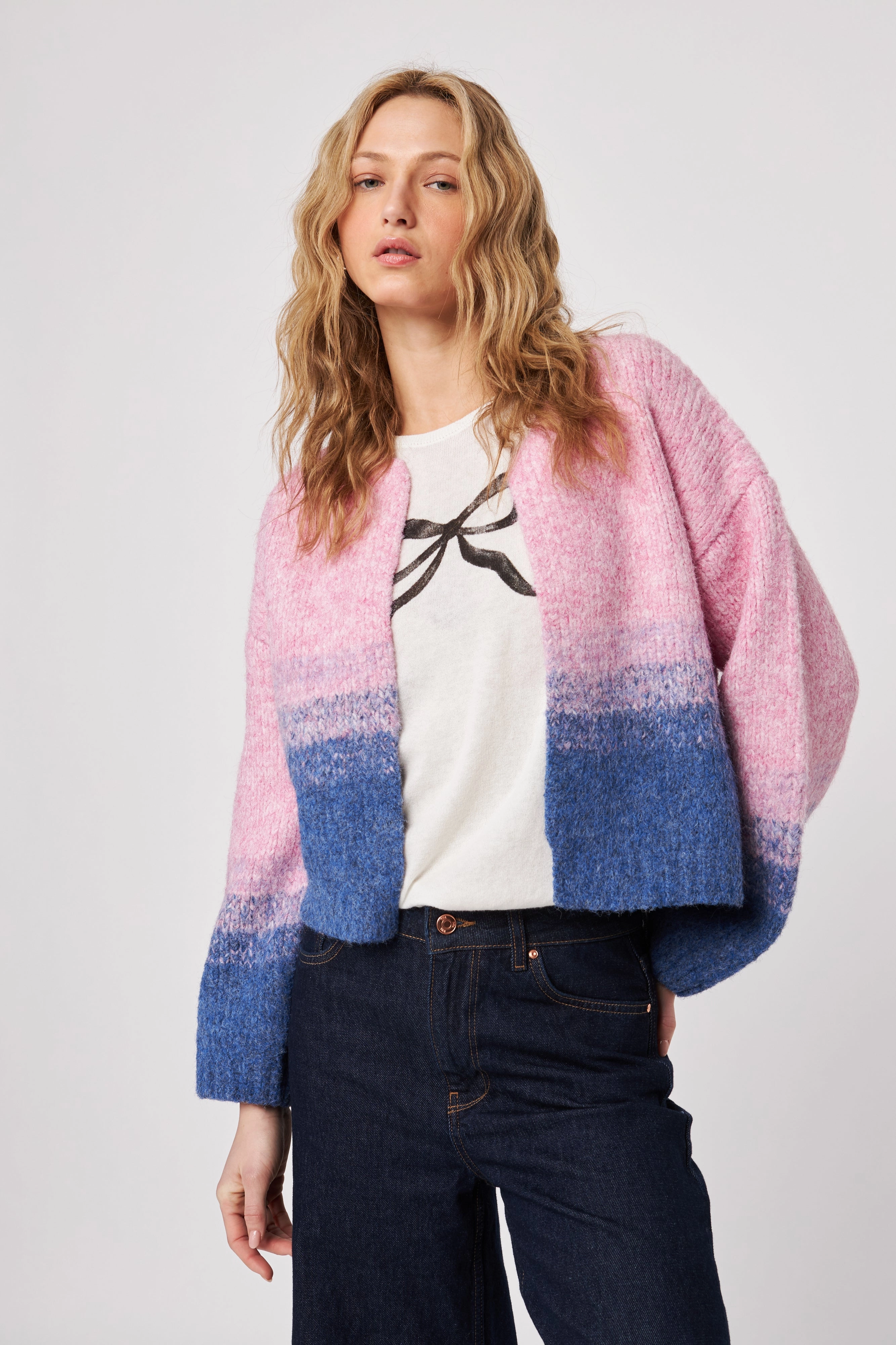 REECE GRADATED COLOUR BLOCK OPEN CARDIGAN Breathable Construction