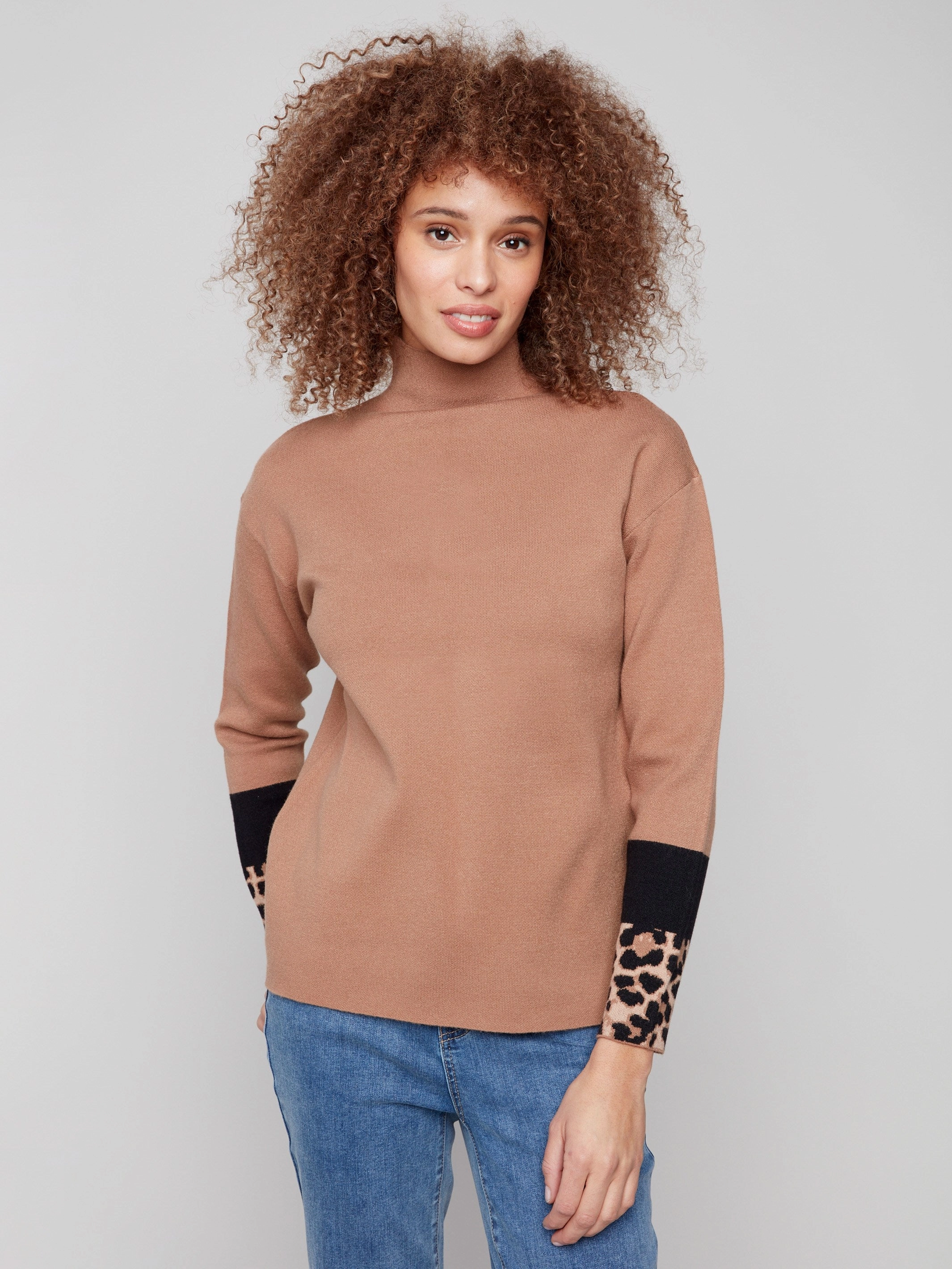 Funnel Sweater With Animal Print Sleeve Detail - Truffle Sleepwear