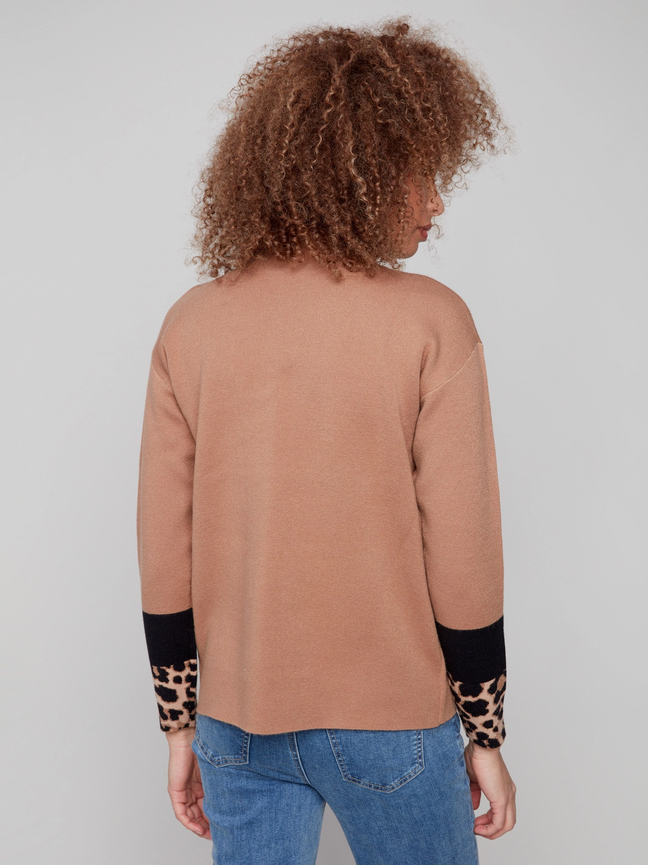 Funnel Sweater With Animal Print Sleeve Detail - Truffle Indoor dweller Fashionable Trend