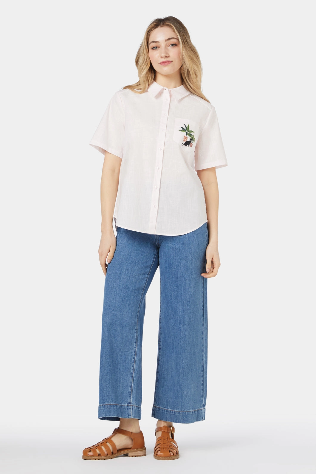 NonRestrictive Two Tone Weave Cat & Plants Shirt