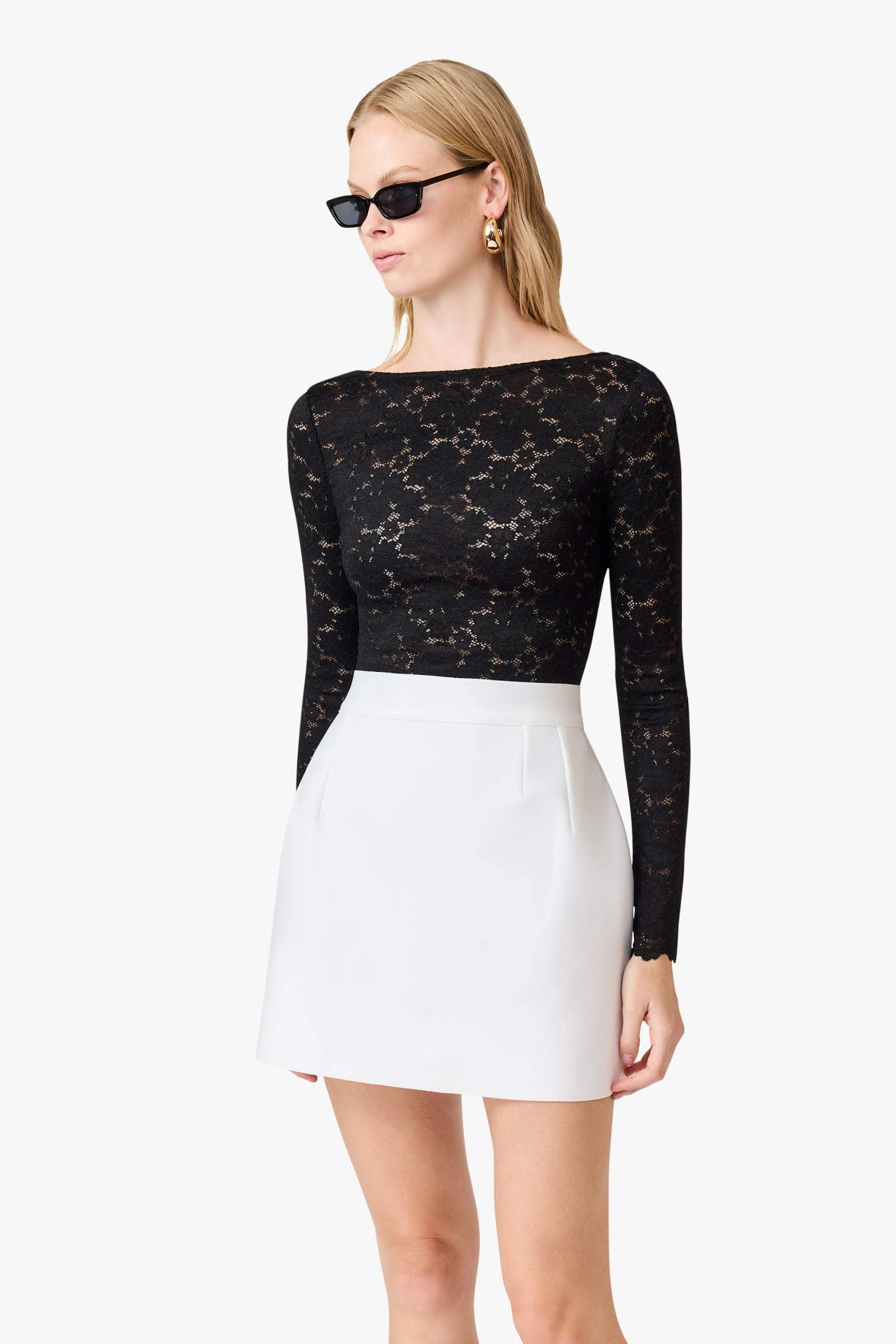 CURAAE Kira Stretch Lace Top In Black Flared-Hem Simple Comfort