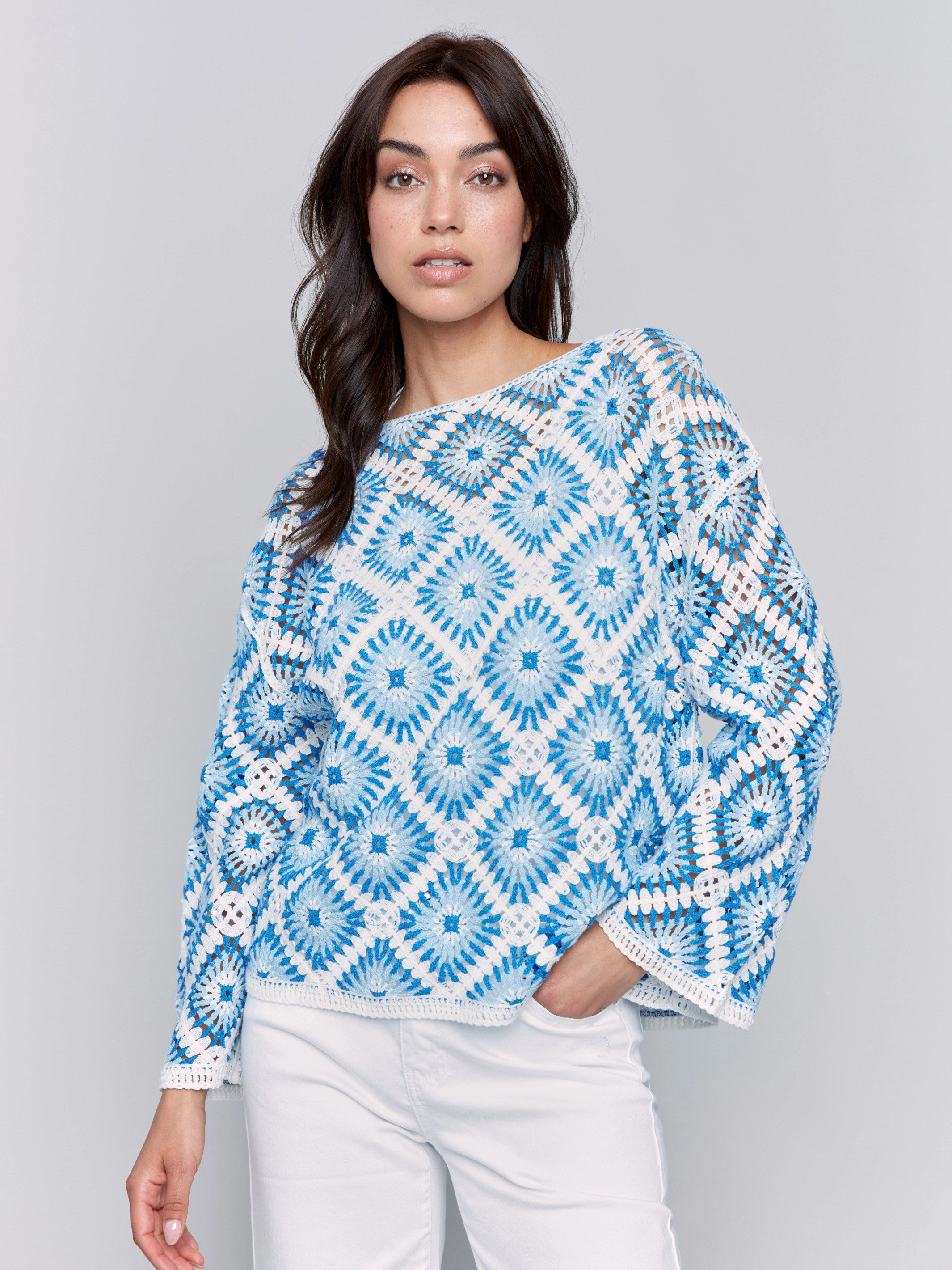 Designer Look Spring Break Cotton Blend Crochet Top - Coastal