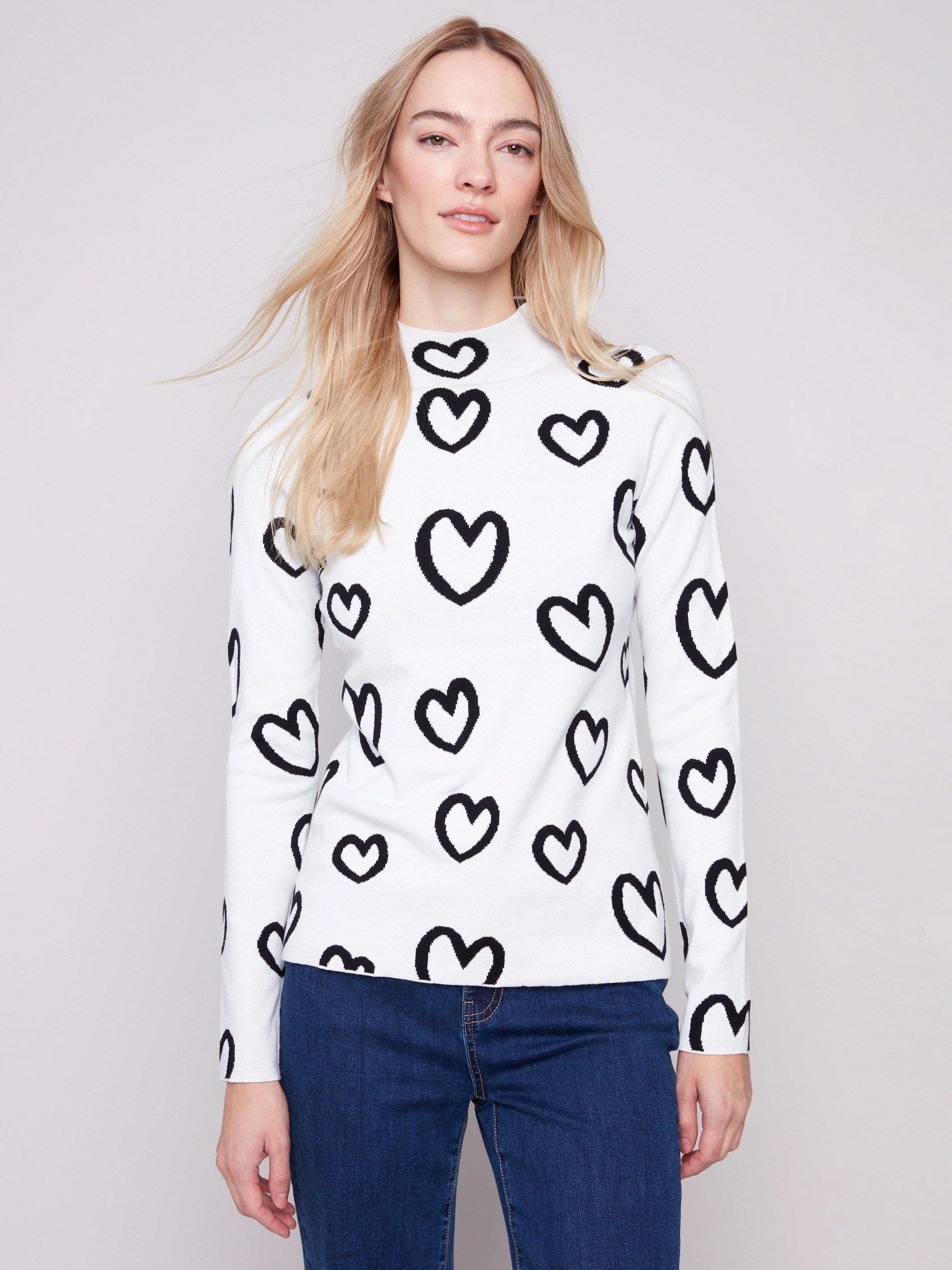 geometric Reversible Mock Neck Sweater - Hearts