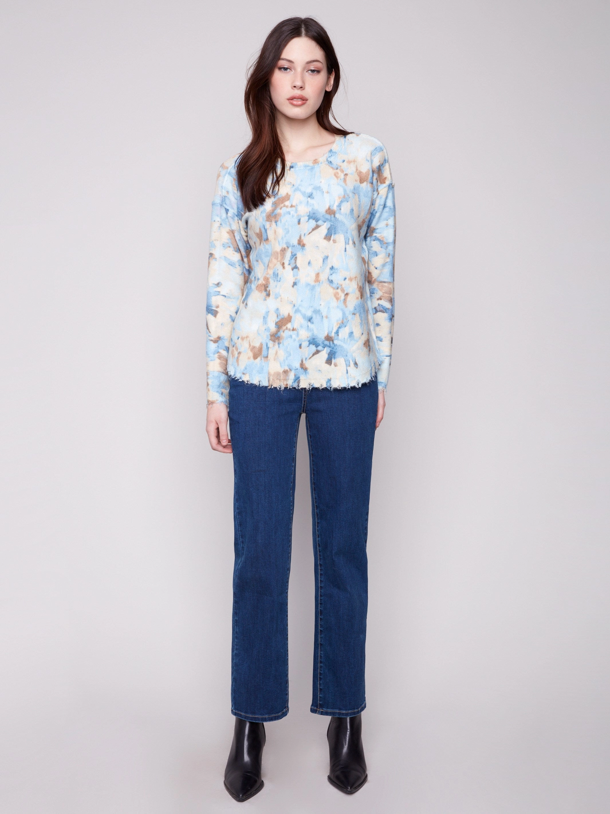 Booted Reversible Printed Plush Sweater With Frayed Edges - Vapor