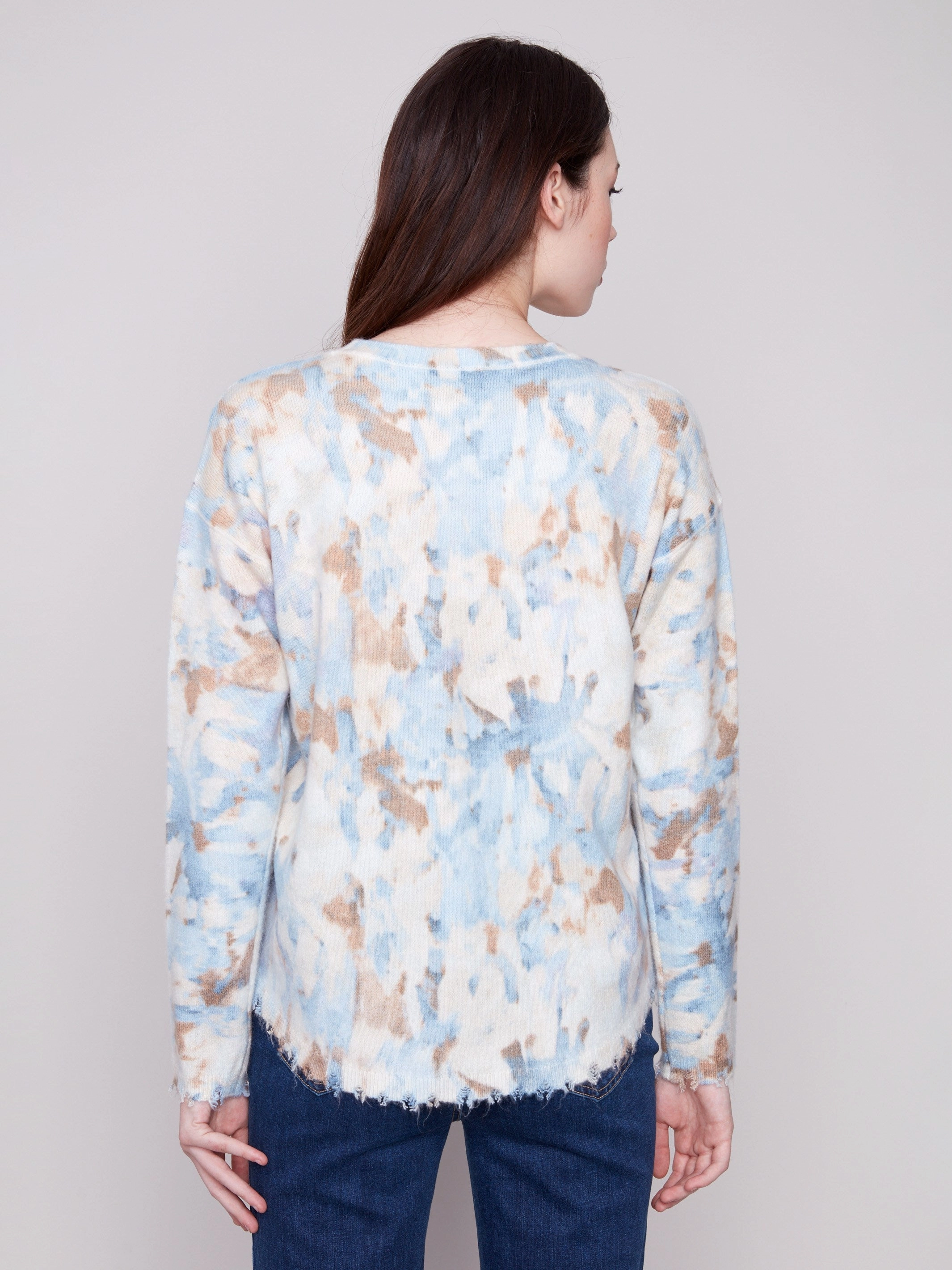 Crochet Sports Wear Reversible Printed Plush Sweater With Frayed Edges - Vapor