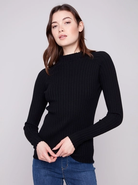 Ribbed Knit Mock Neck Sweater - Black Neutral