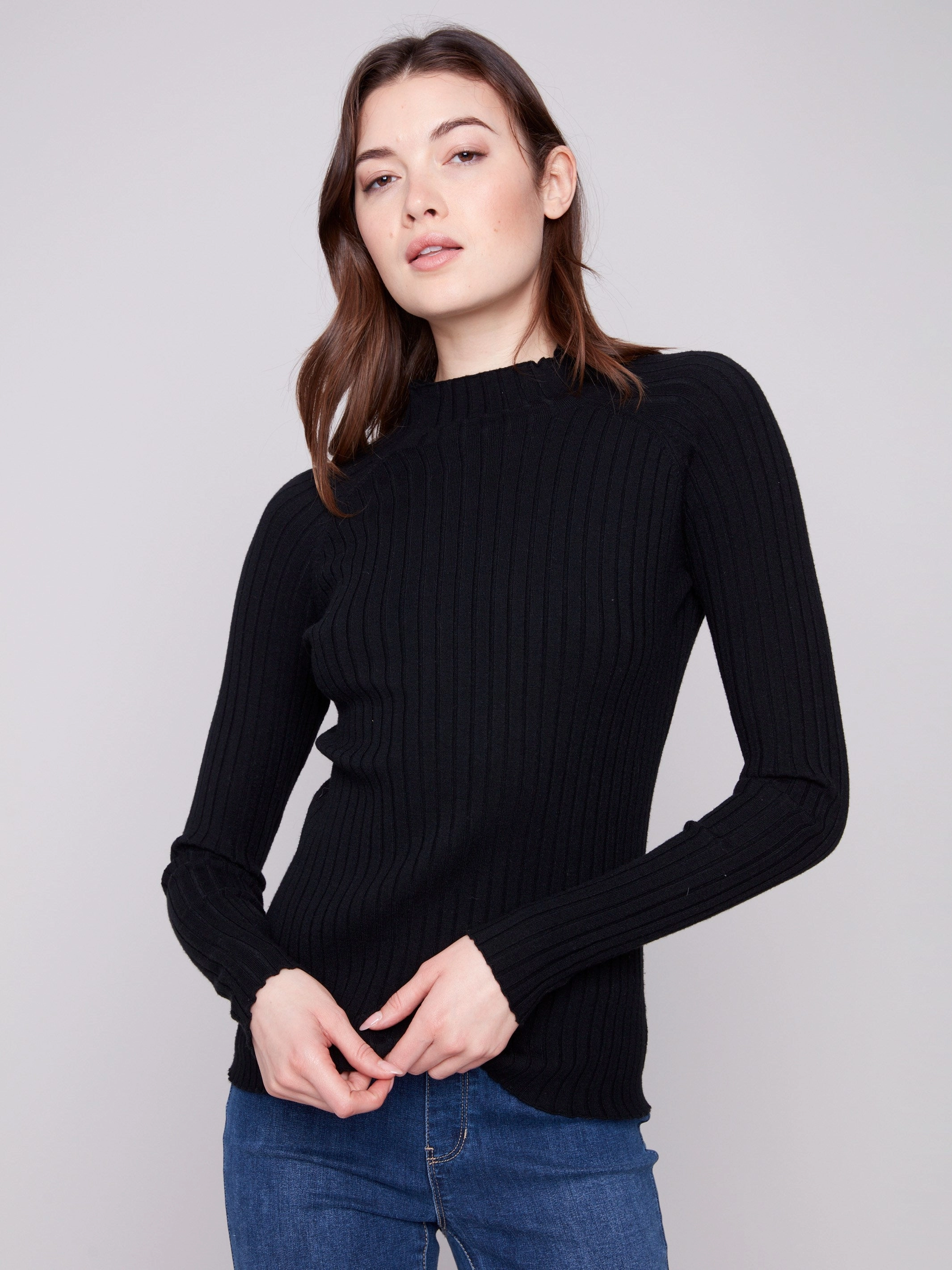 Ribbed Knit Mock Neck Sweater - Black Neutral