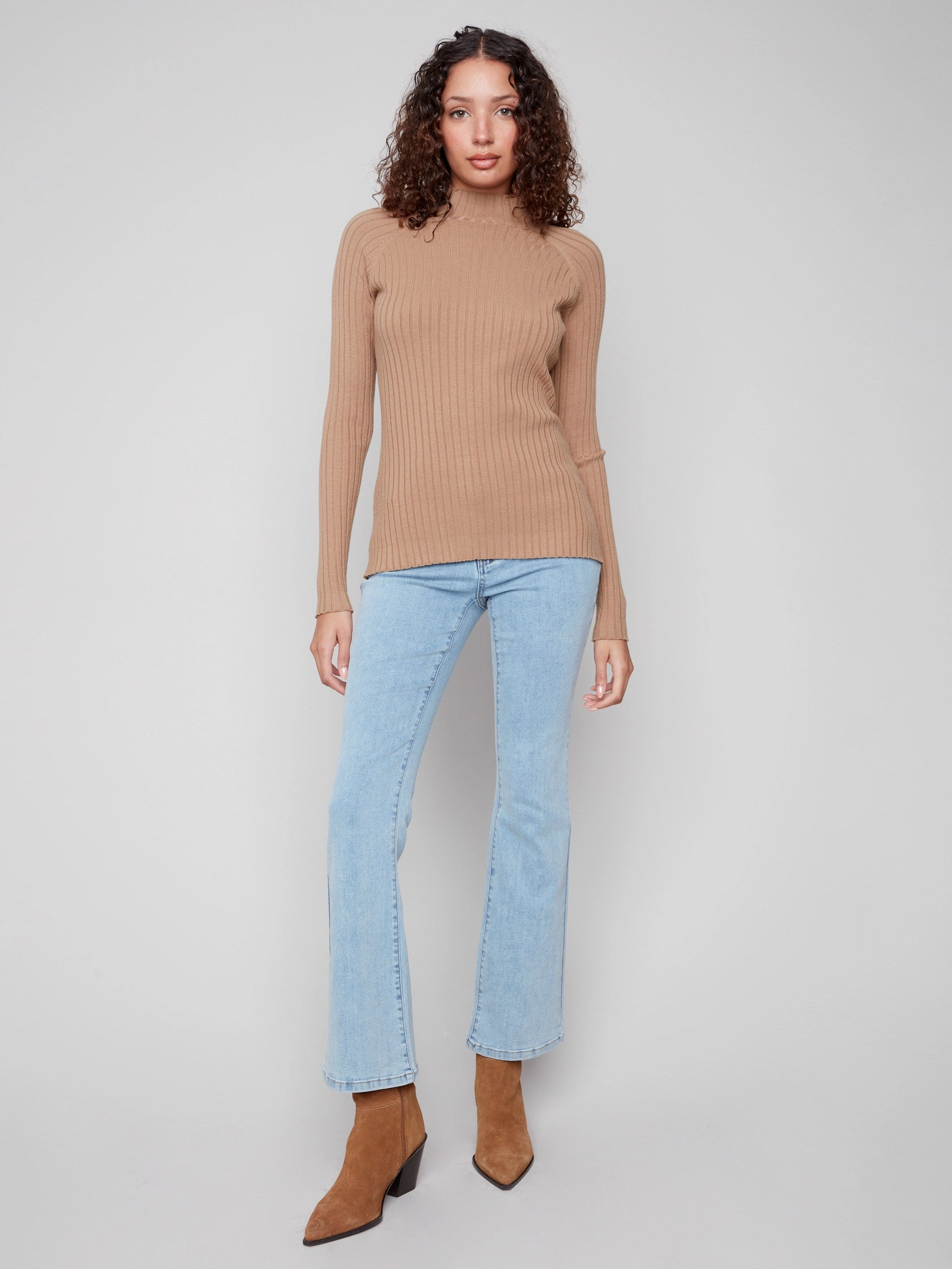 Ribbed Knit Mock Neck Sweater - Truffle Anti Pilling Garage